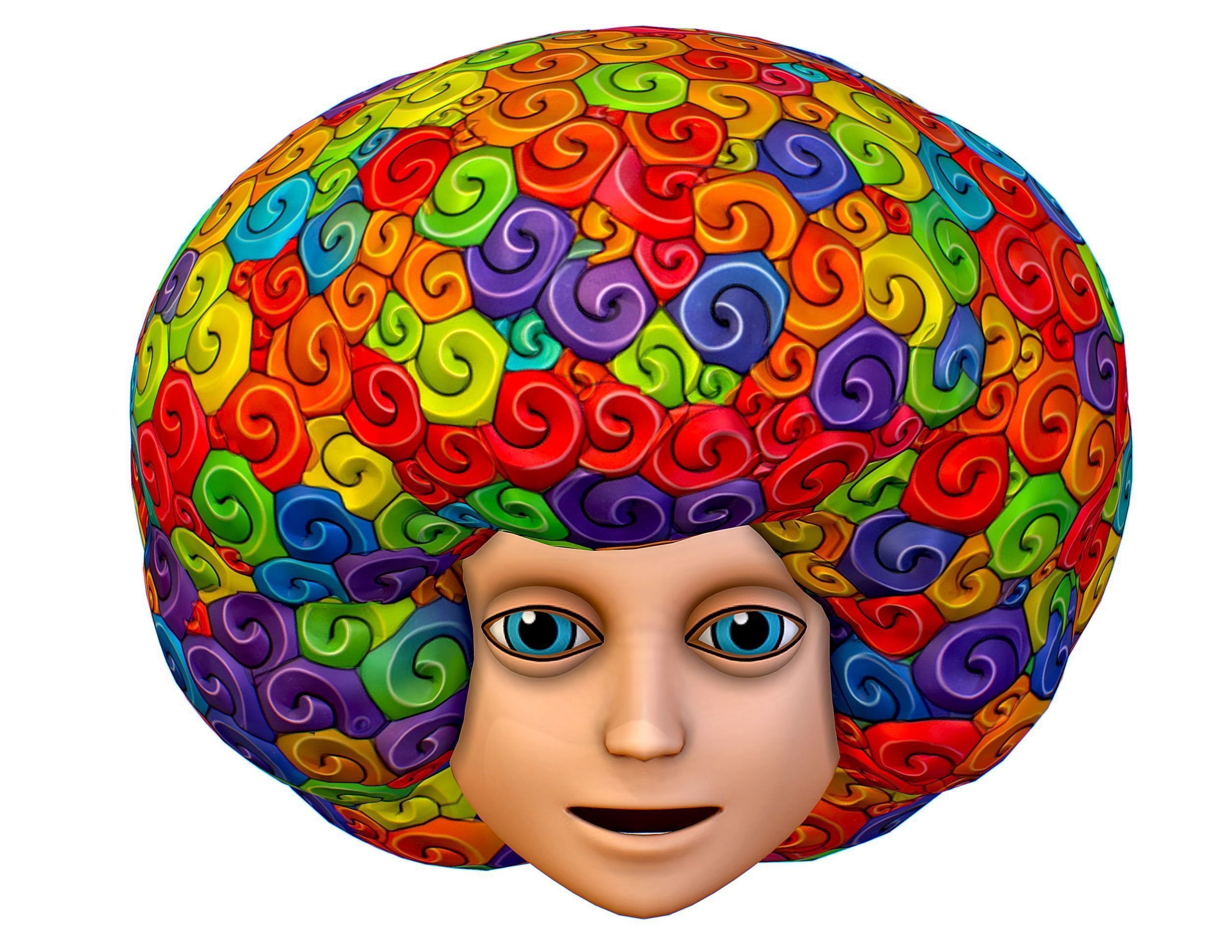 Stylized Afro Rainbow Hair Multicolor Hot Wig Low-poly 3D model_2