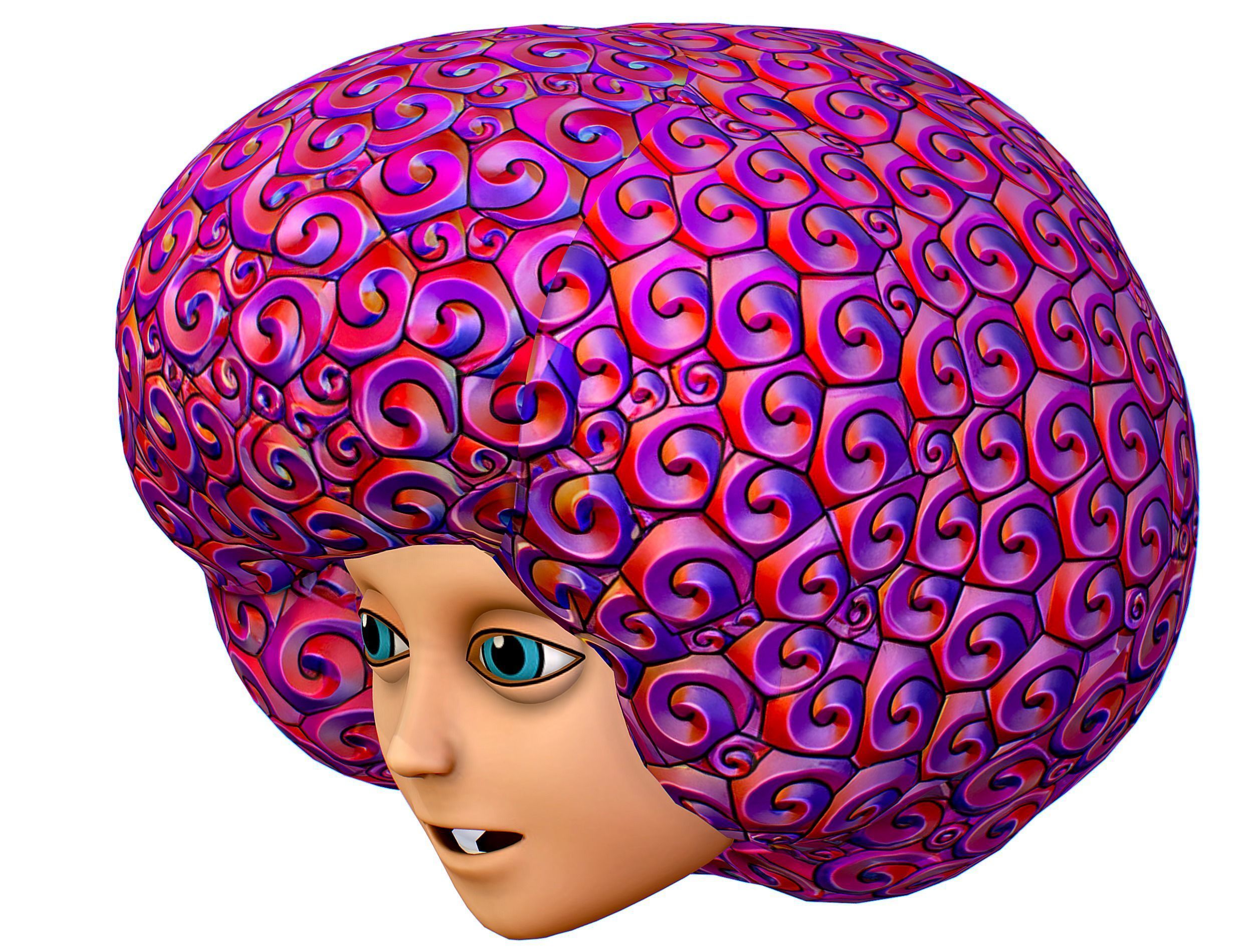 Stylized Afro Pink Neon Hair Multicolor Hot Wig Low-poly 3D model_4