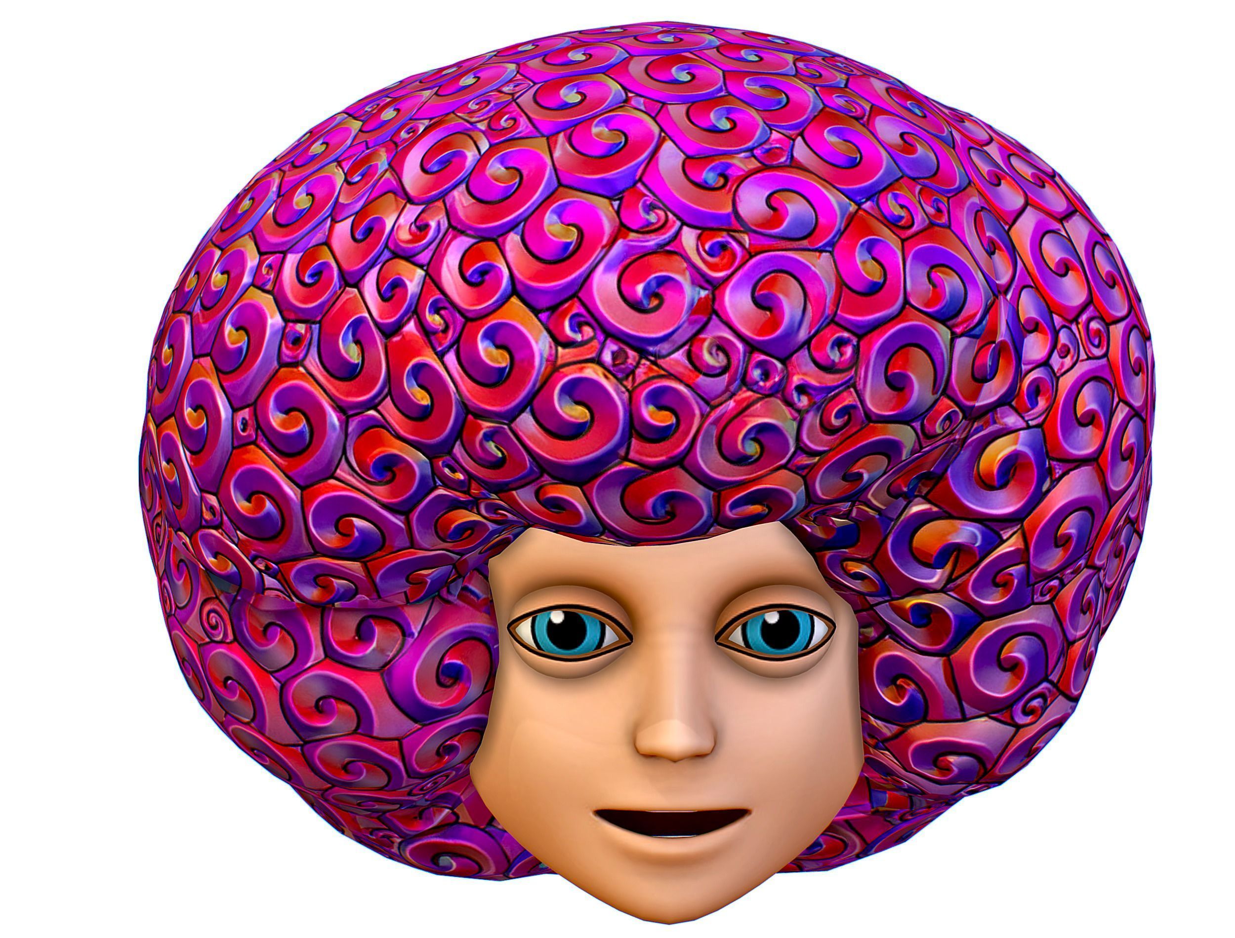 Stylized Afro Pink Neon Hair Multicolor Hot Wig Low-poly 3D model_2