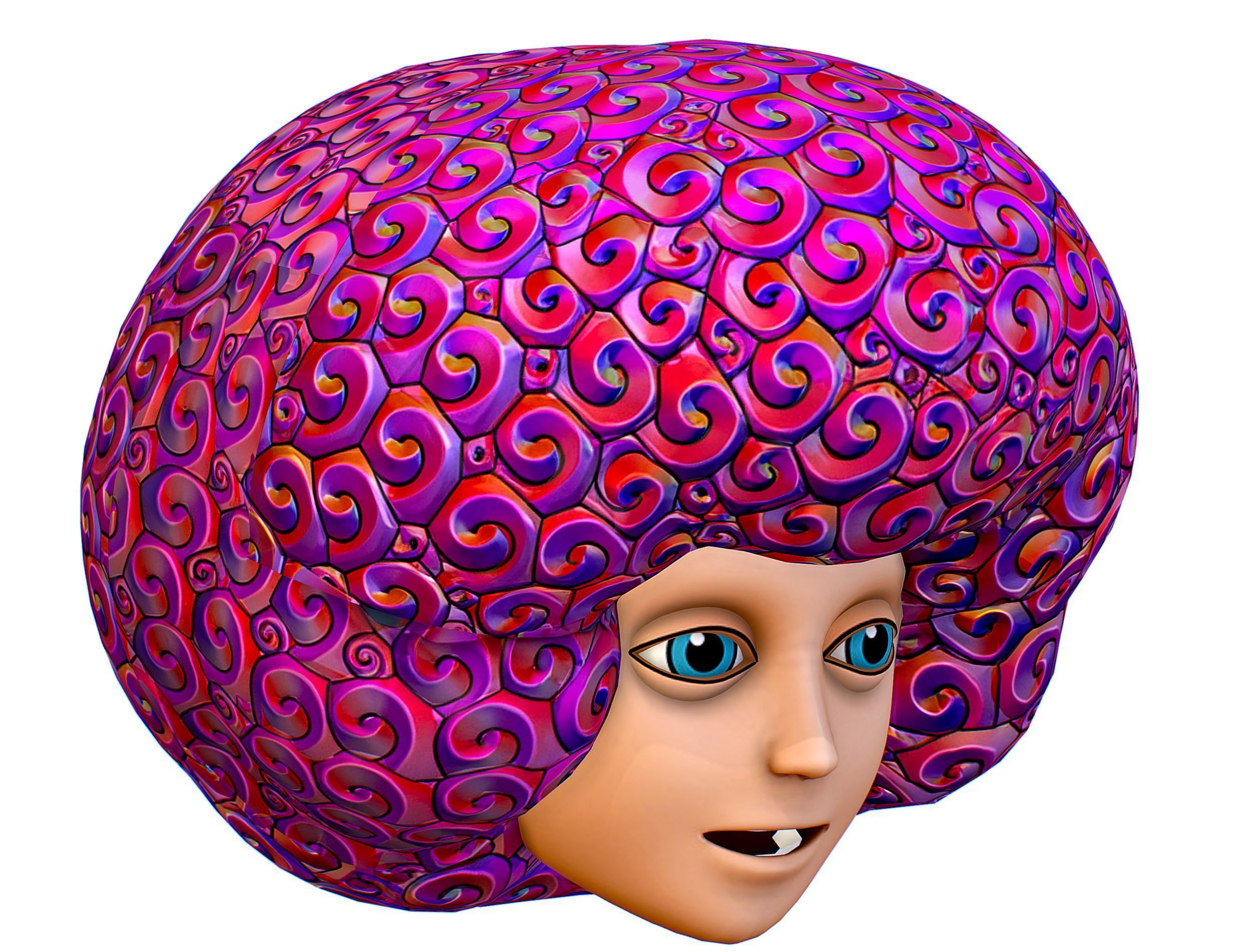 Stylized Afro Pink Neon Hair Multicolor Hot Wig Low-poly 3D model_13