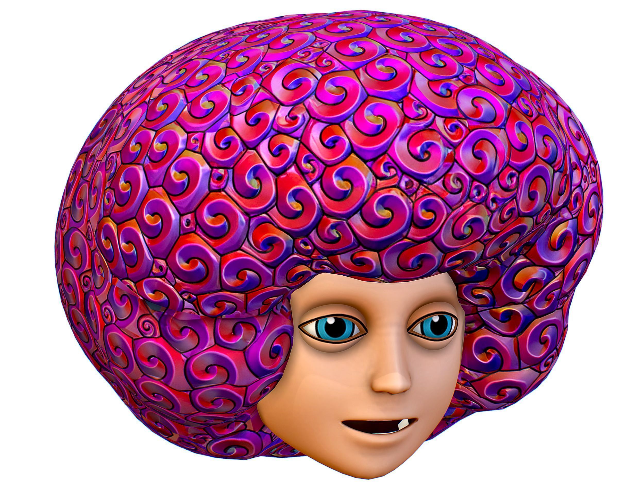 Stylized Afro Pink Neon Hair Multicolor Hot Wig Low-poly 3D model_1