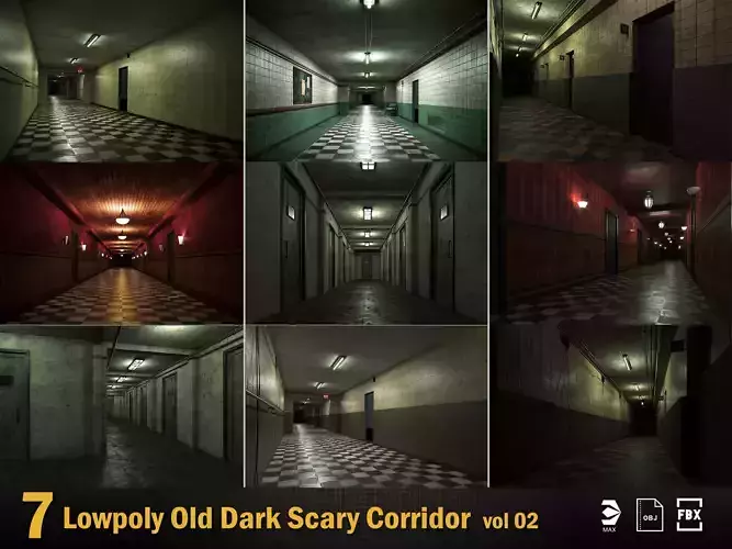 7 low poly old dark scary corridor Vol 02 3D Model Collection