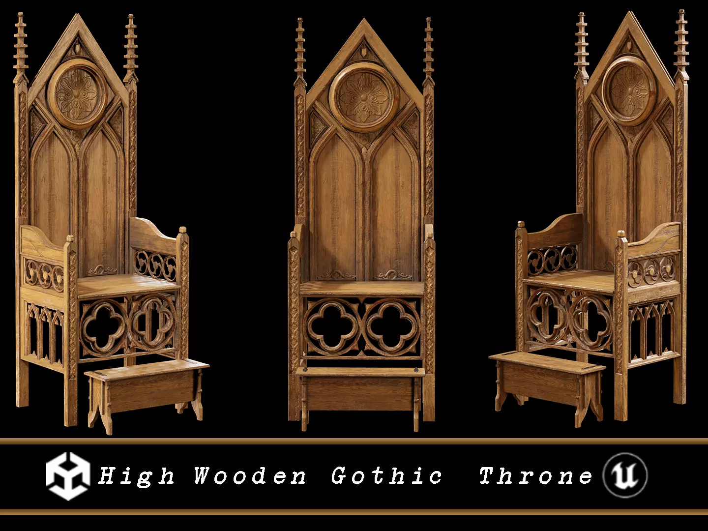 High Wooden Gothic Throne Low-poly 3D model