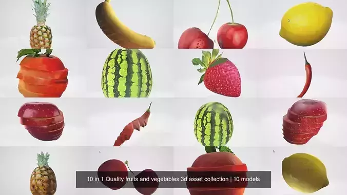 10 in 1 Quality fruits and vegetables 3d asset collection 