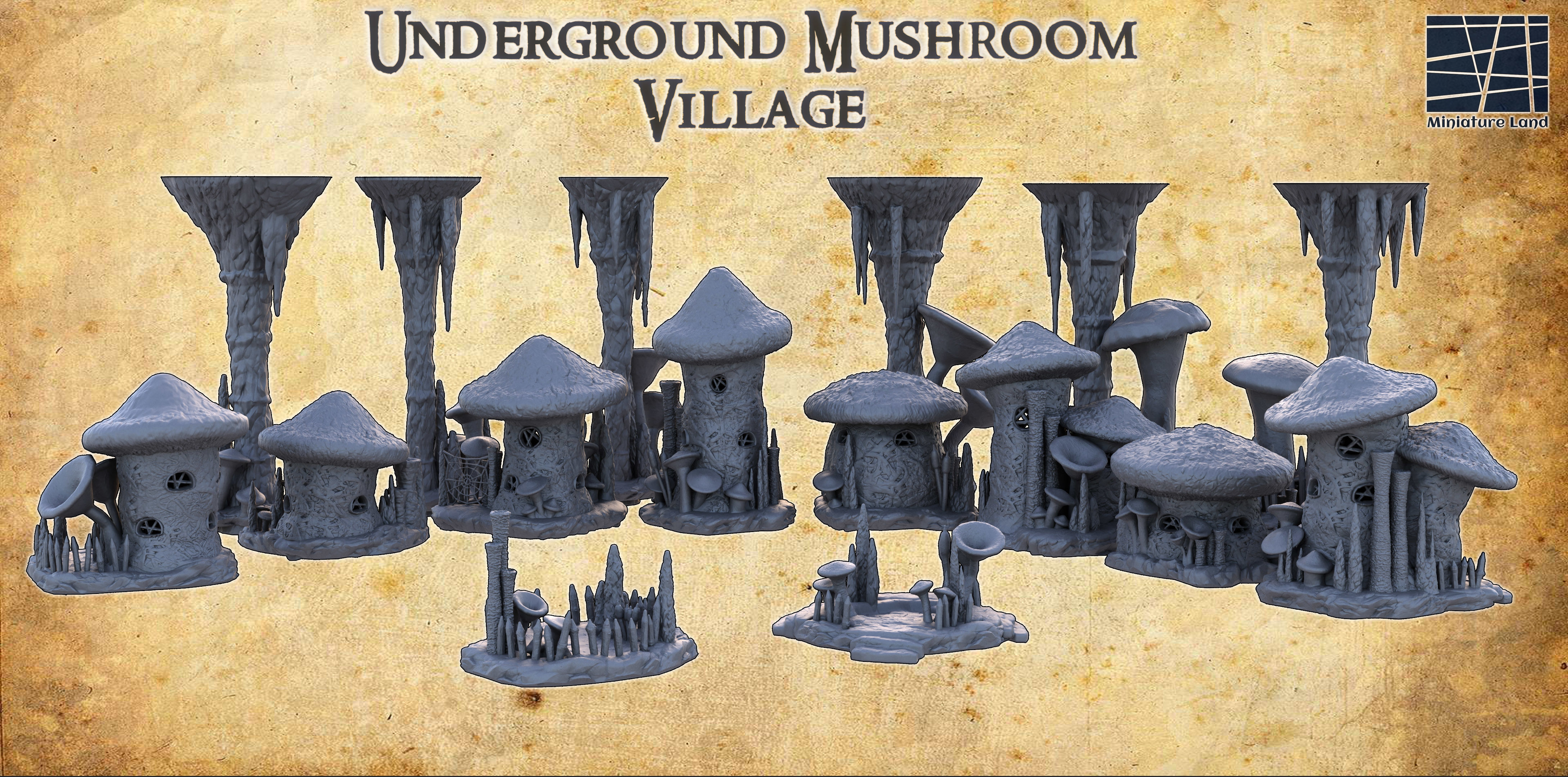 Underground Mushroom Village Tabletop Terrain 28 MM 3D print model_1