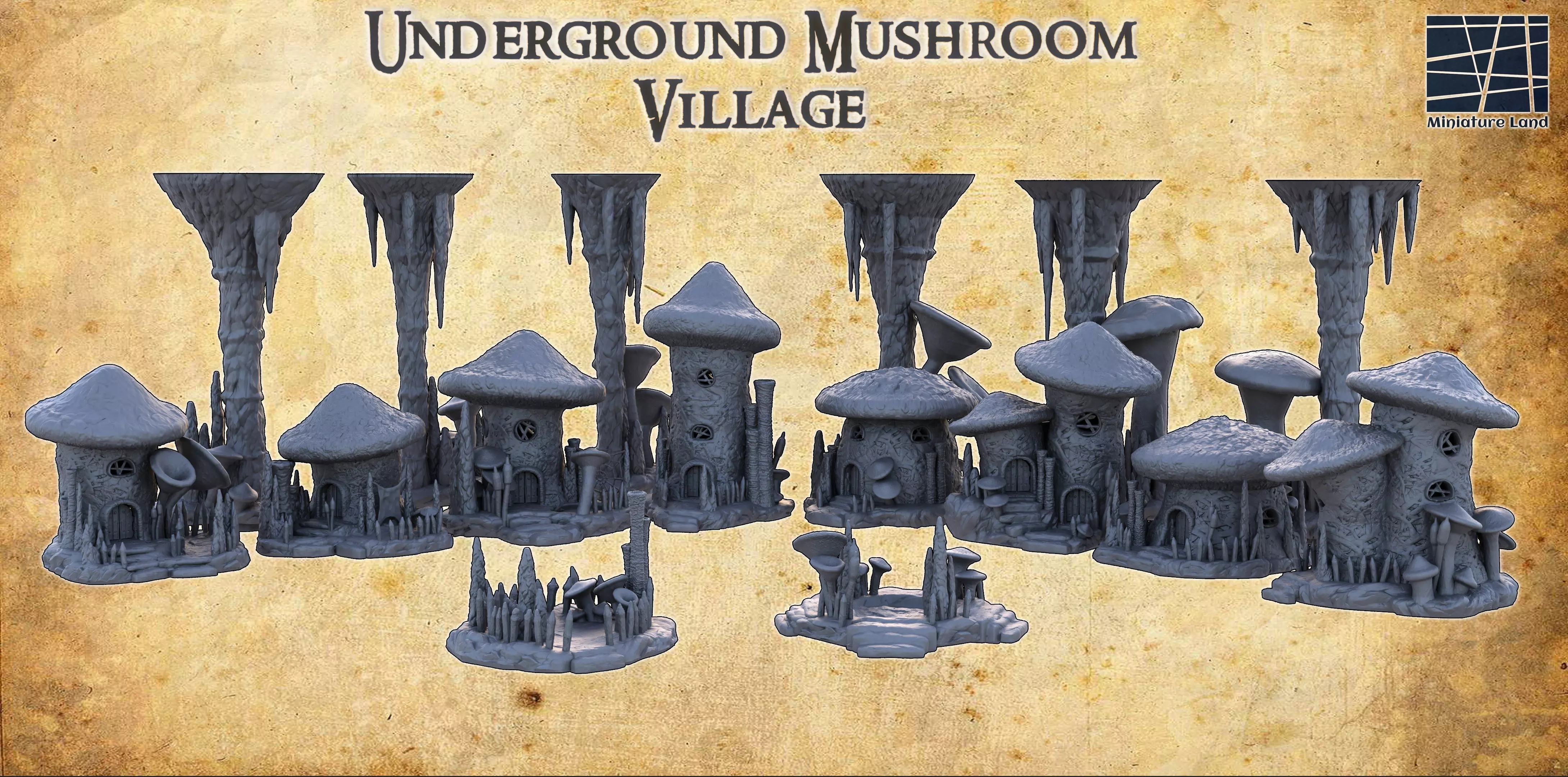 Underground Mushroom Village Tabletop Terrain 28 MM 3D print model_0