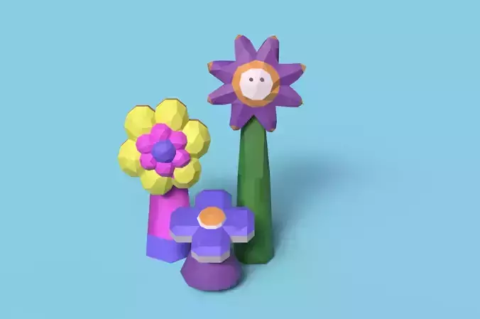 Lowpoly 3D flower bloom set of giant decoration flowers 