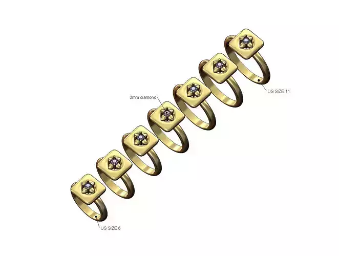 Spiked 3mm diamond square cushion top ring US sizes 5to11