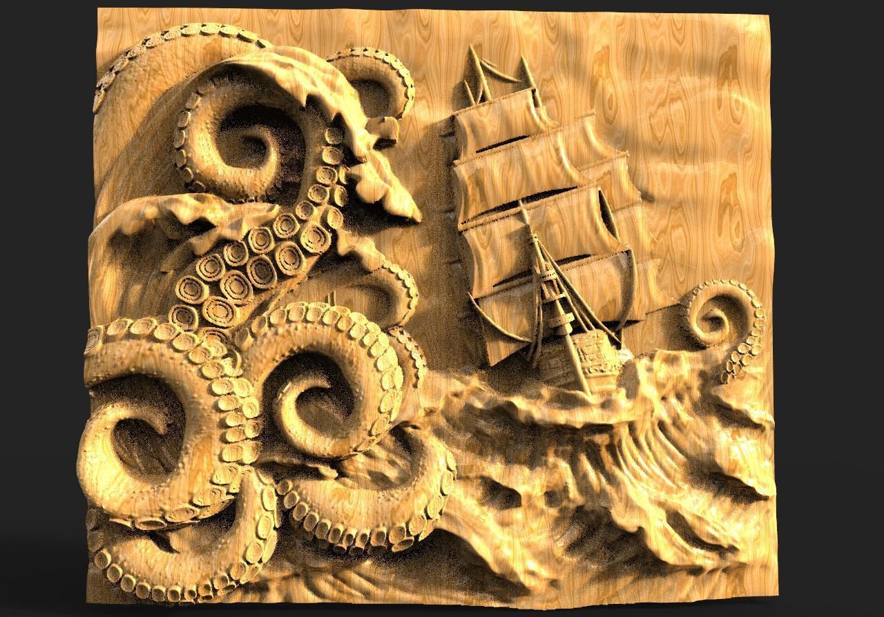 ship and tentacles CNC 3D print model_4