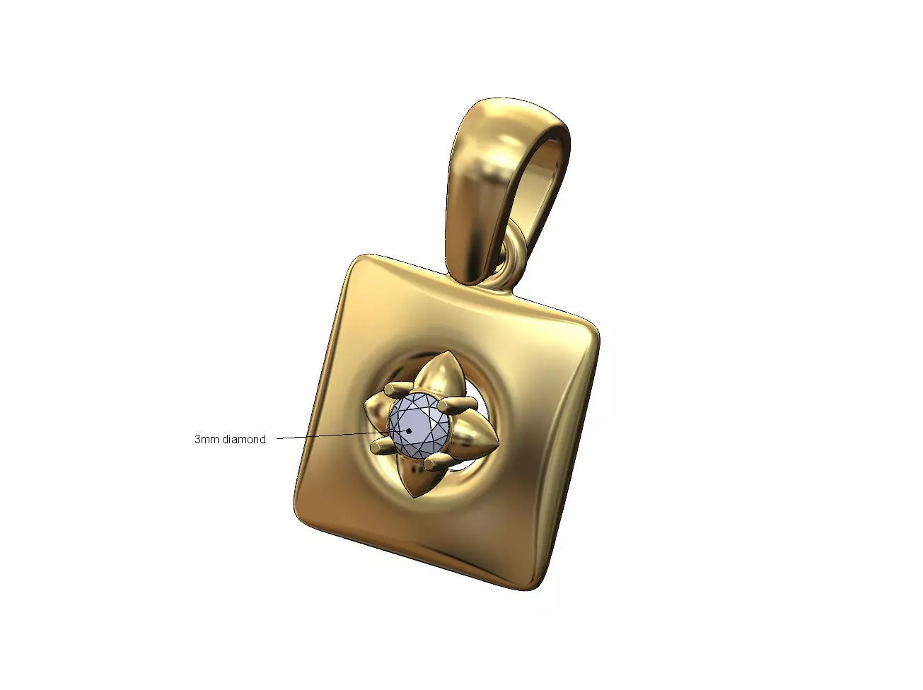 Square cushion 3mm spike diamond pendant charm with bail 3D print model
