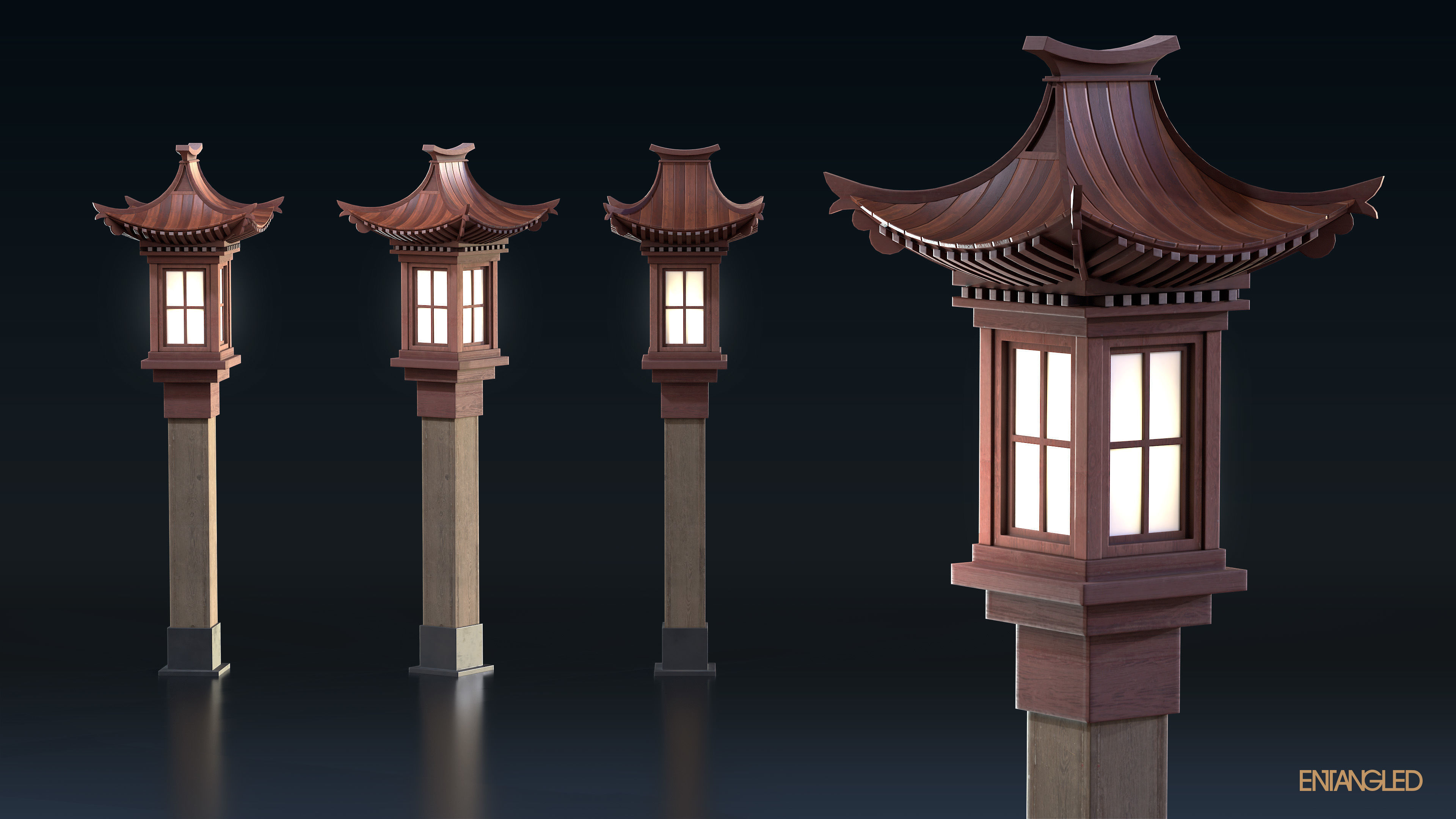 Asian Street Lights Set Low-poly 3D model_12