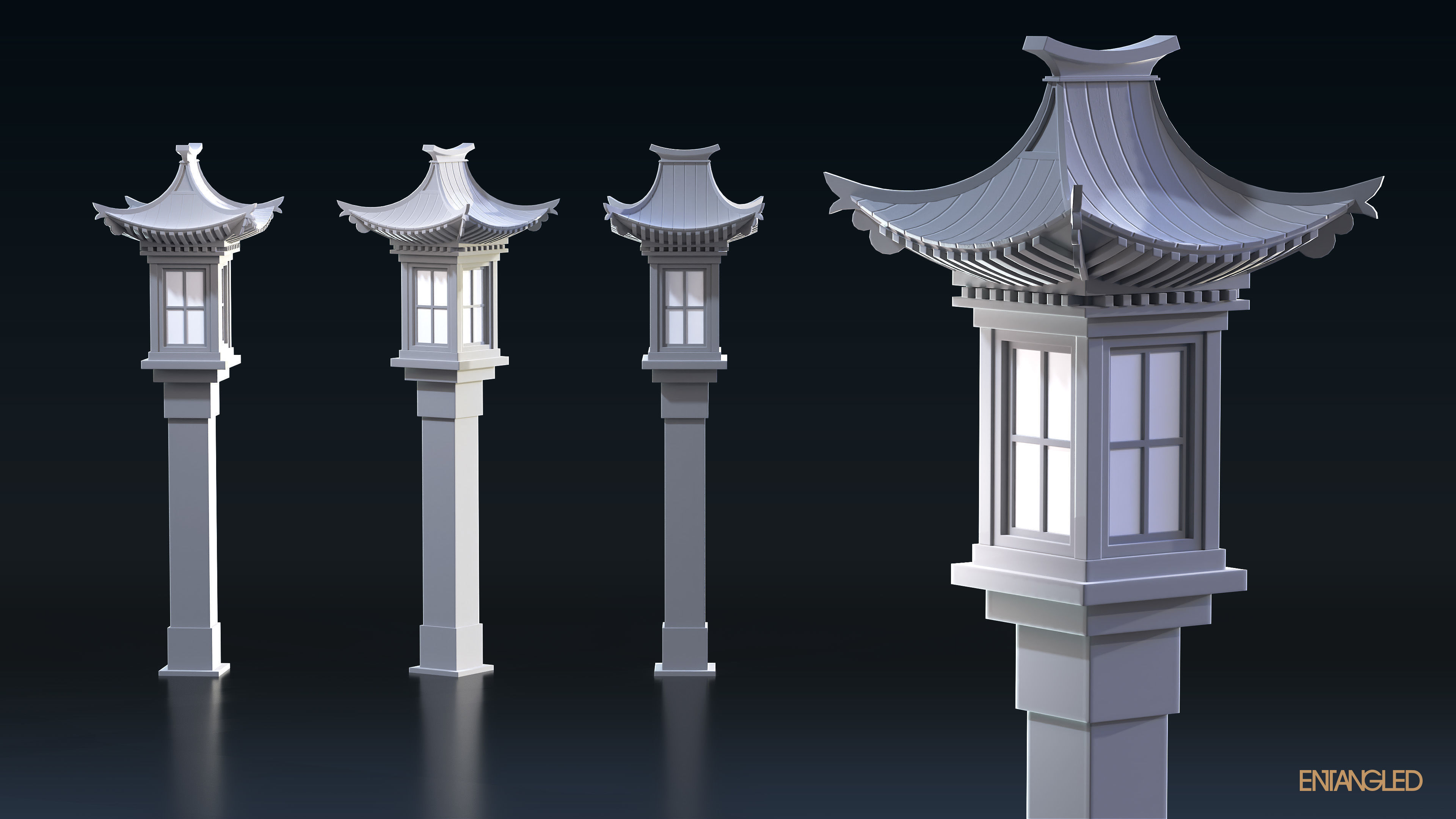 Asian Street Lights Set Low-poly 3D model_13