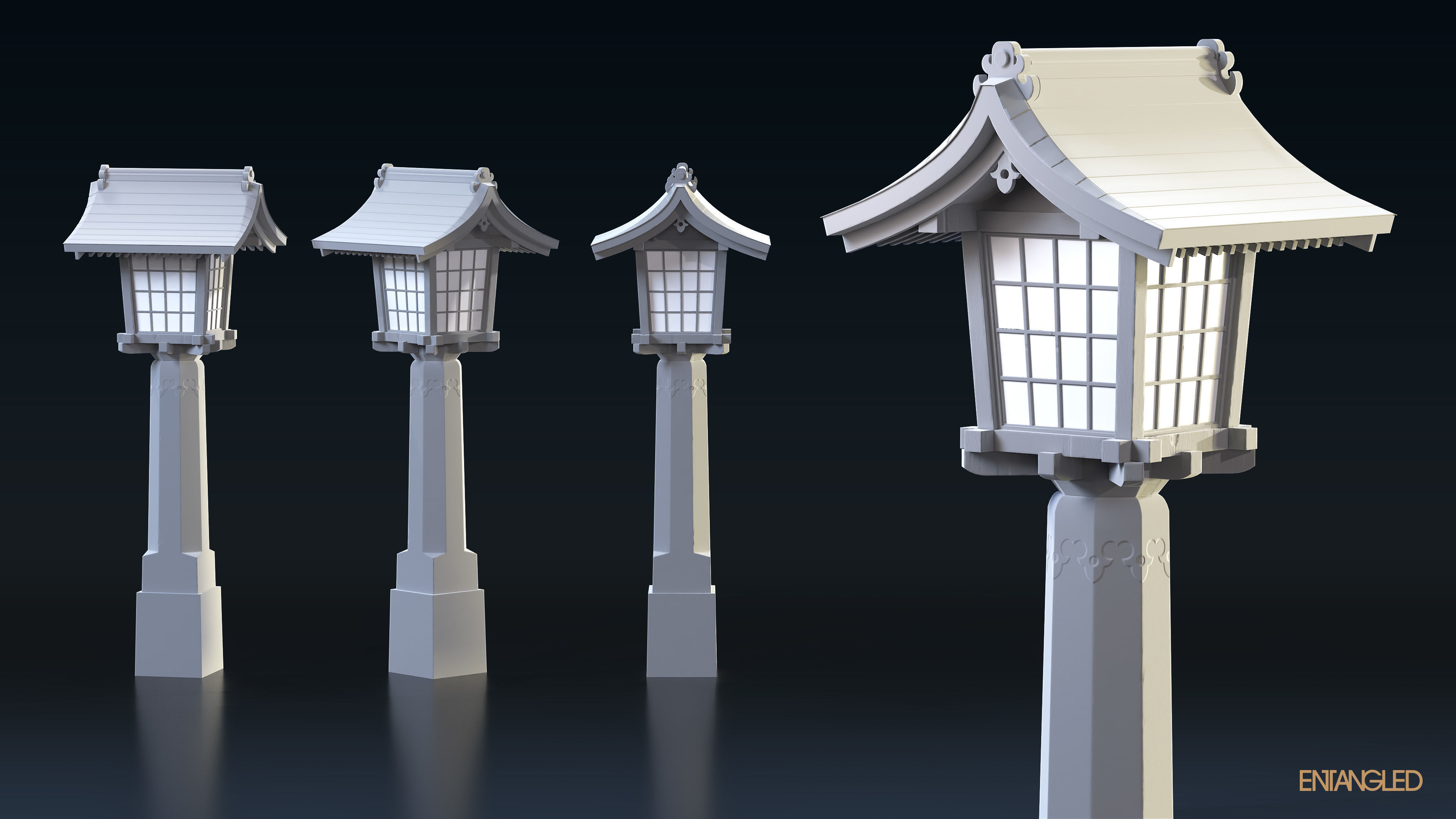 Asian Street Lights Set Low-poly 3D model_10