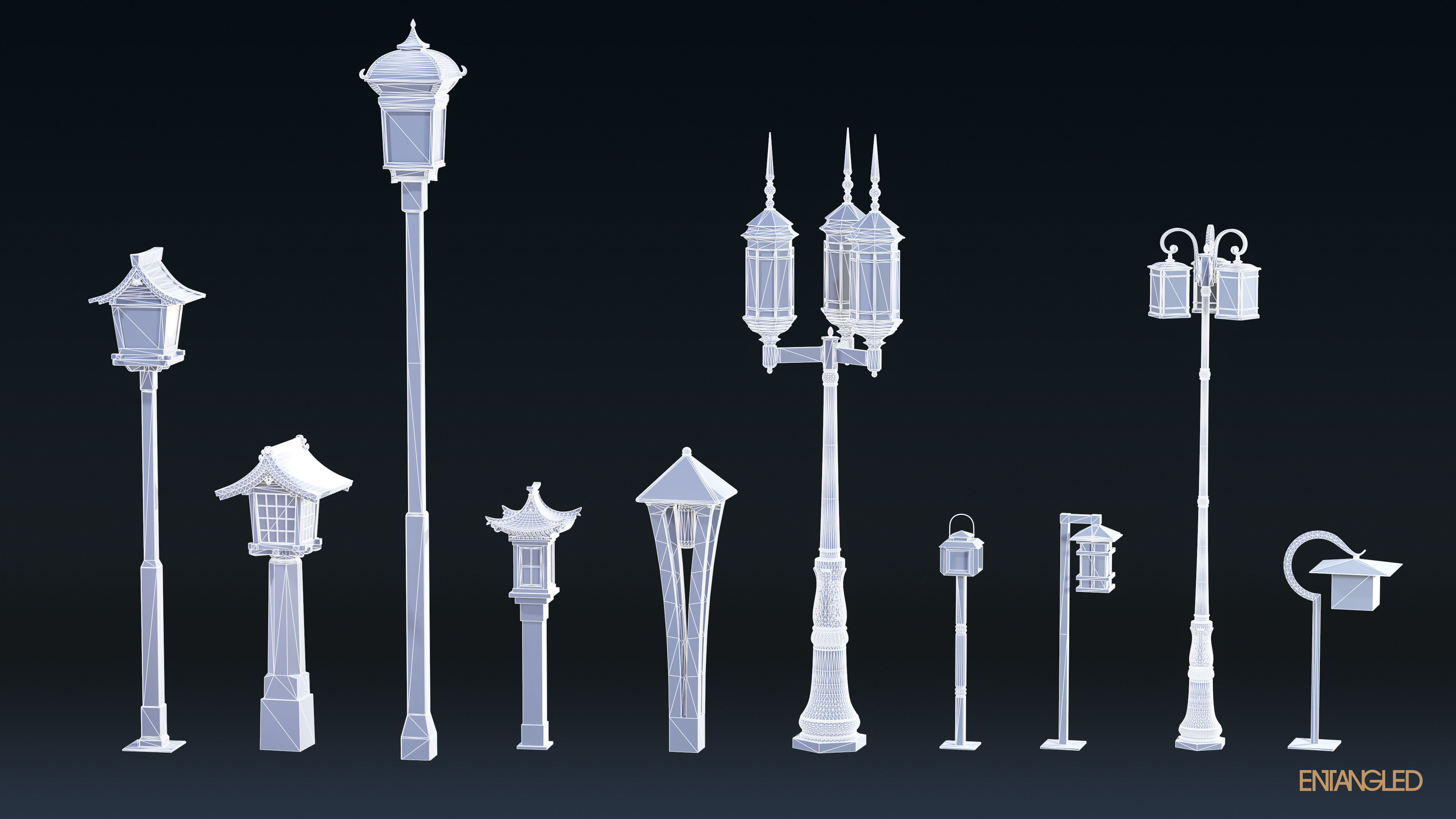 Asian Street Lights Set Low-poly 3D model_2