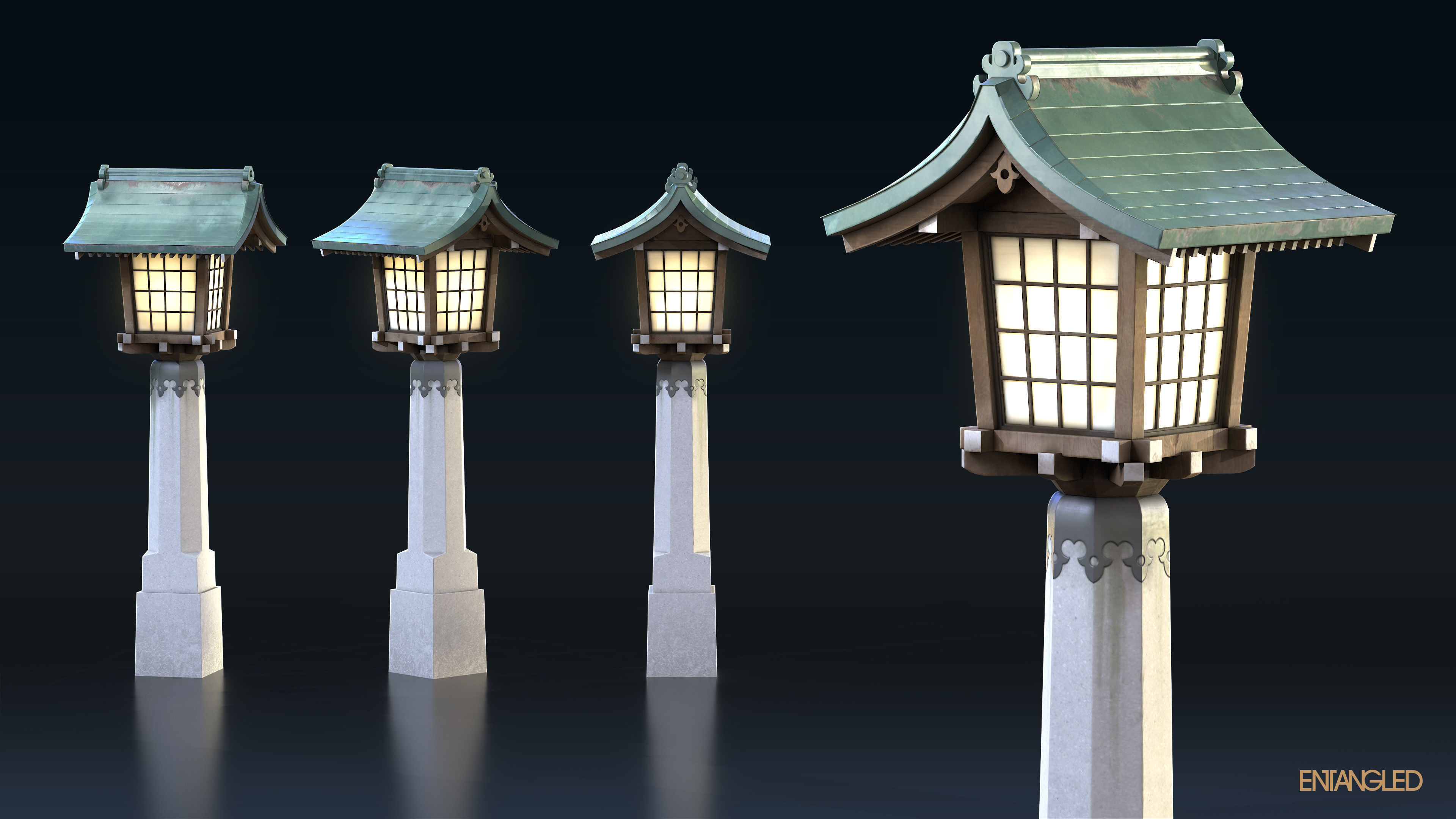 Asian Street Lights Set Low-poly 3D model_9
