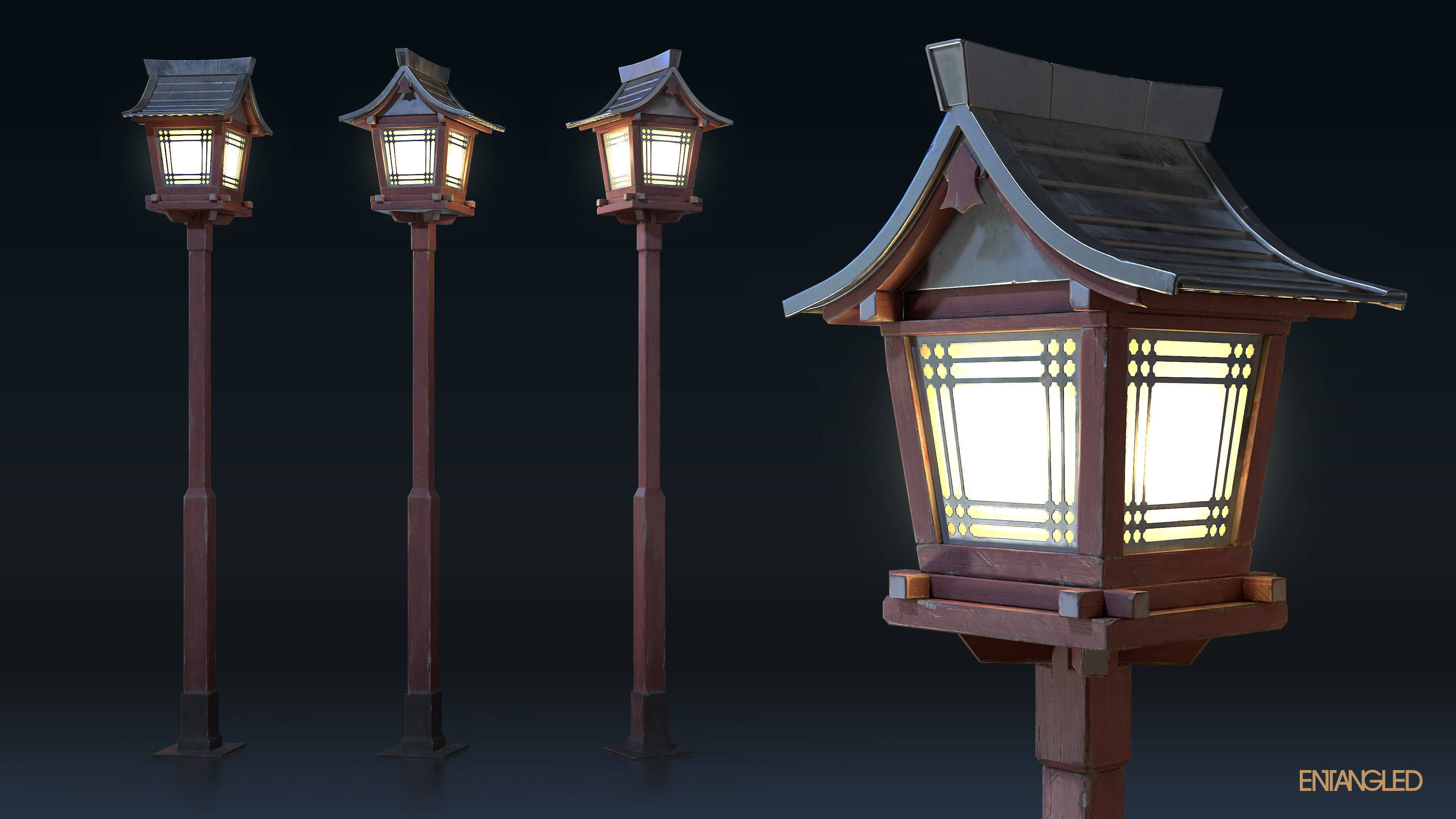 Asian Street Lights Set Low-poly 3D model_3