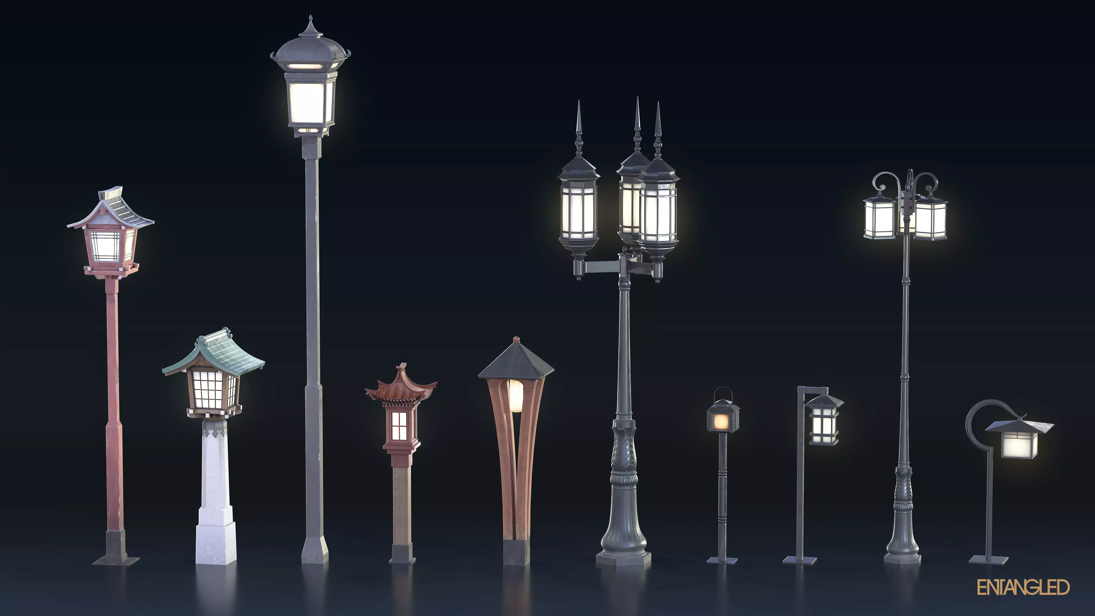 Asian Street Lights Set Low-poly 3D model_0