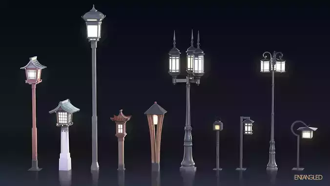 Asian Street Lights Set Low-poly 3D model