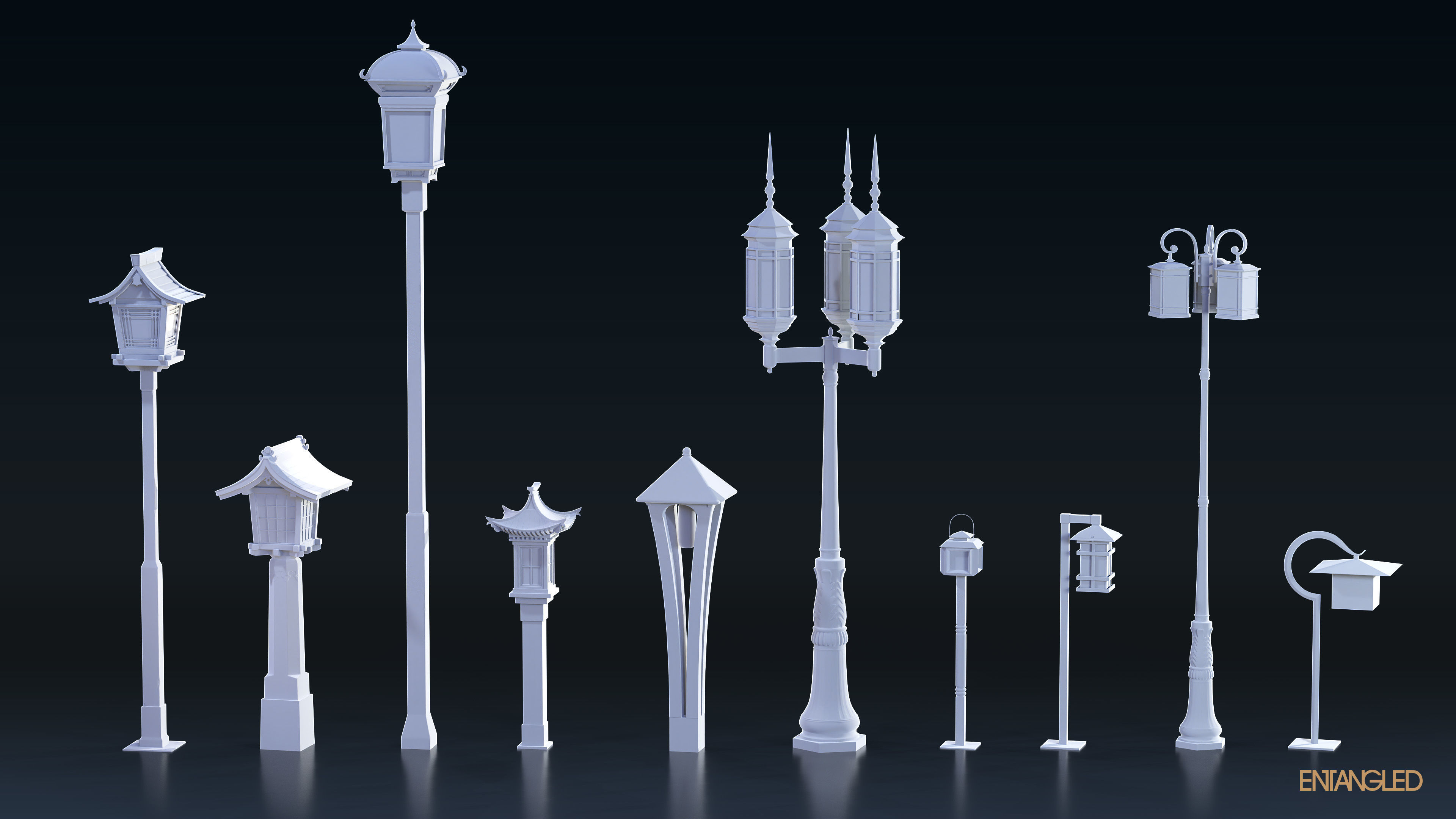 Asian Street Lights Set Low-poly 3D model_1