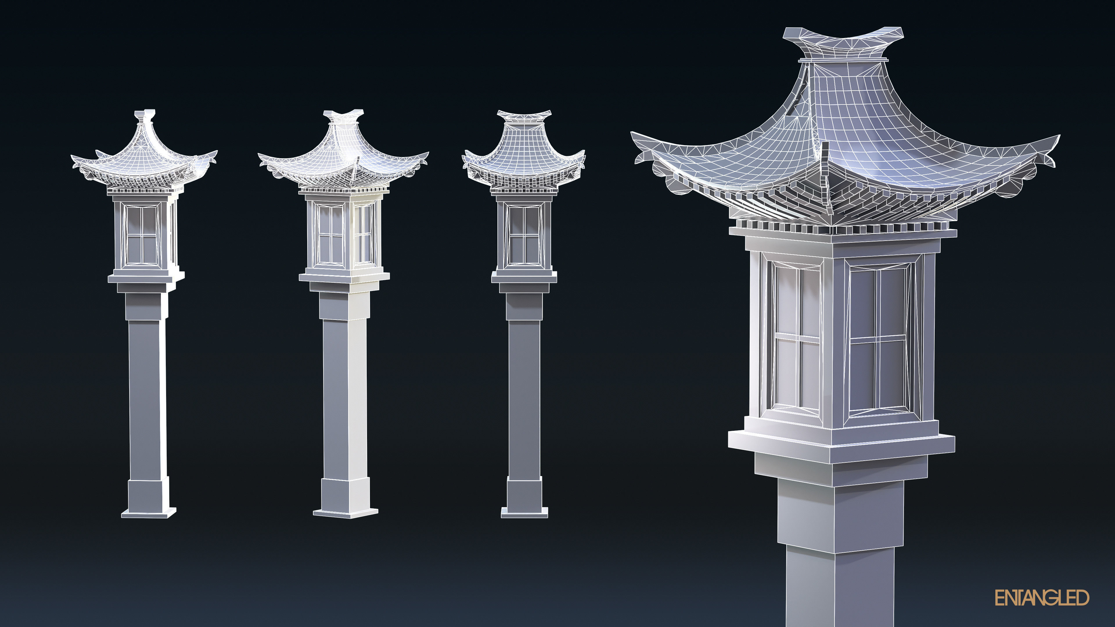 Asian Street Lights Set Low-poly 3D model_14