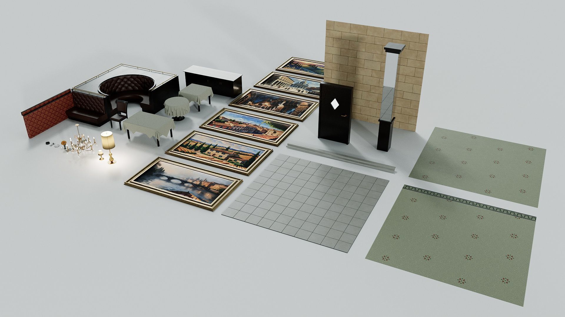 Italian-American Fine Dining Vintage Interior Restaurant Set 3D model_6