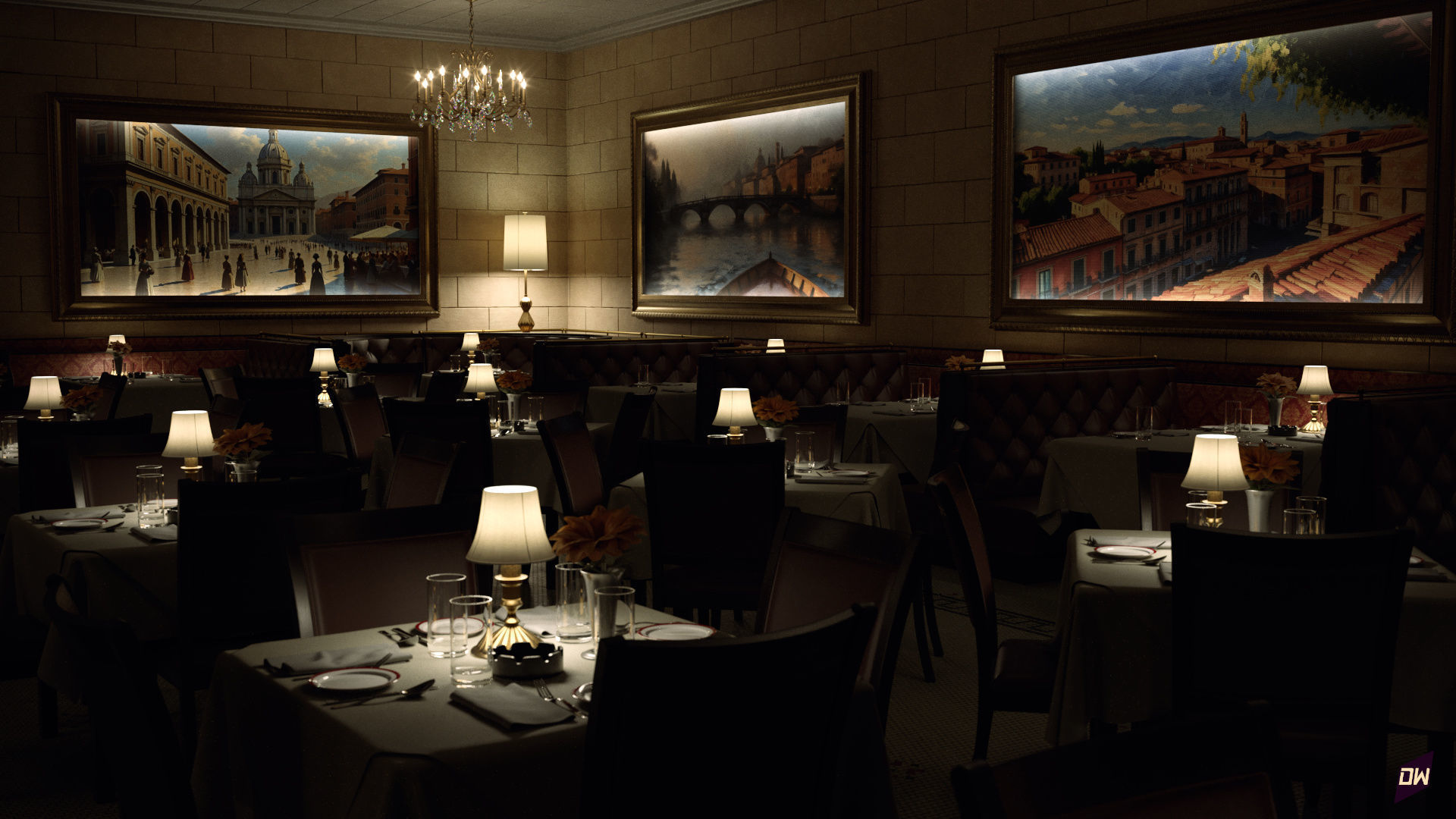 Italian-American Fine Dining Vintage Interior Restaurant Set 3D model_4