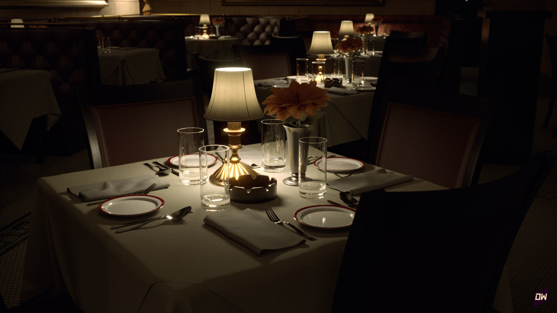 Italian-American Fine Dining Vintage Interior Restaurant Set 3D model_5