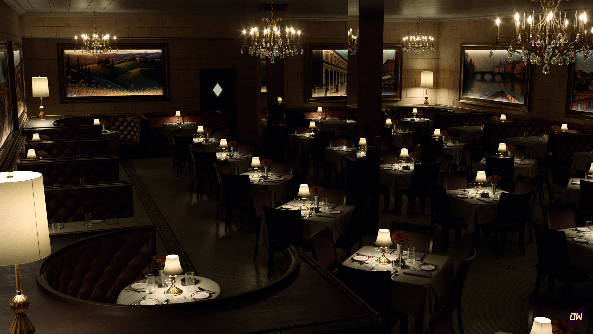Italian-American Fine Dining Vintage Interior Restaurant Set 3D model_2
