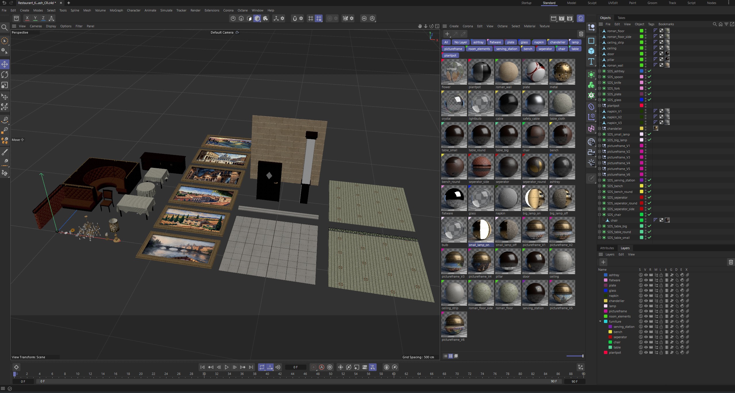 Italian-American Fine Dining Vintage Interior Restaurant Set 3D model_43