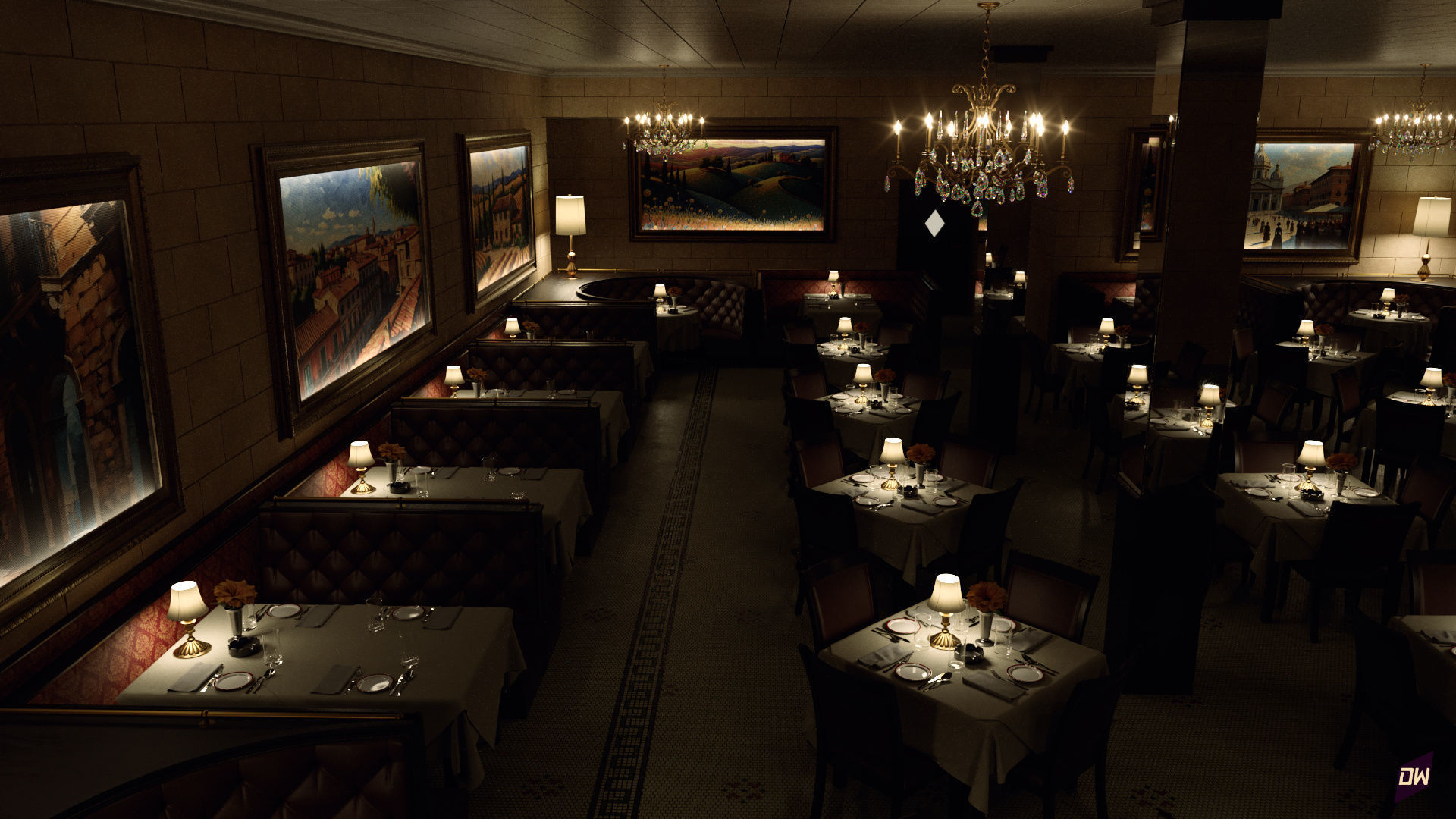 Italian-American Fine Dining Vintage Interior Restaurant Set 3D model_3