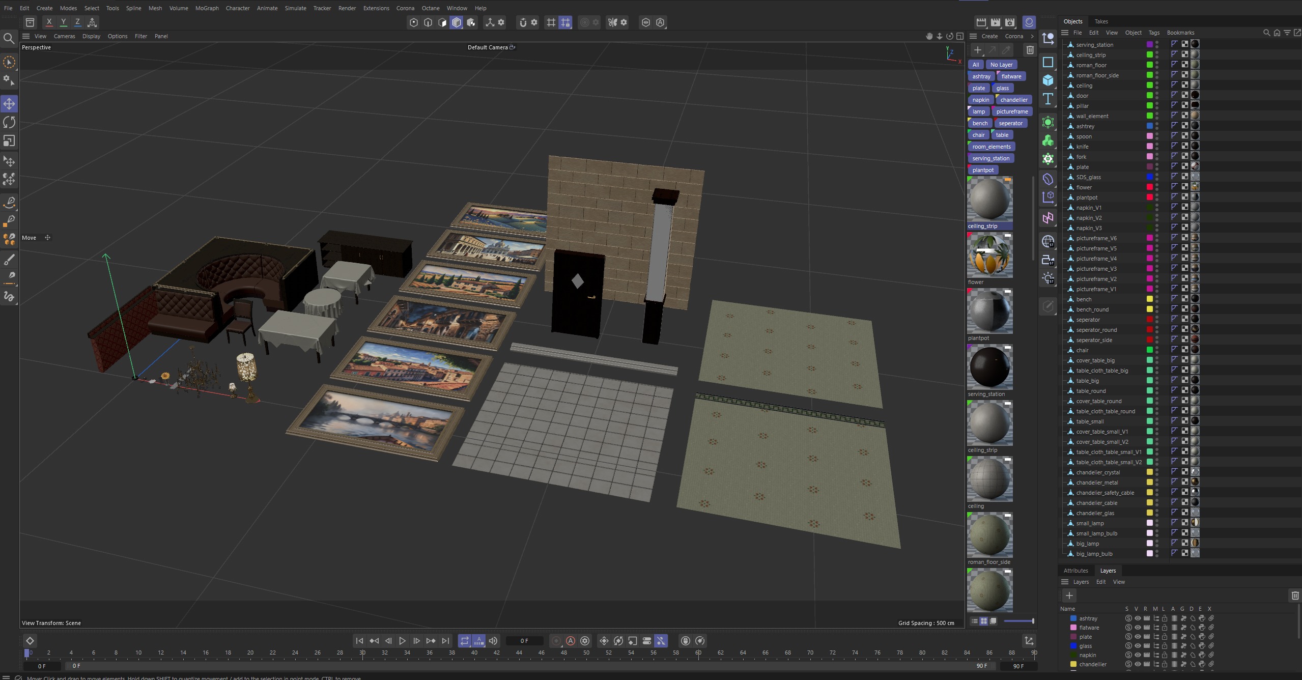 Italian-American Fine Dining Vintage Interior Restaurant Set 3D model_44