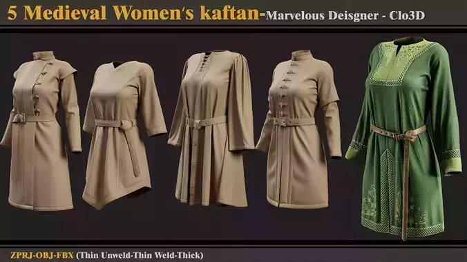 5 Medieval Women Kaftans-MD-Clo3D-ZPRJ-FBX-OBJ
