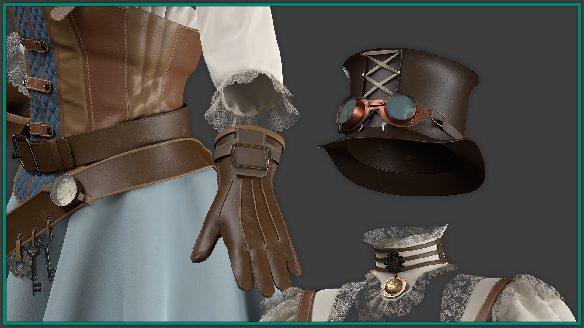 female steampunk outfit with texture 3D model_3