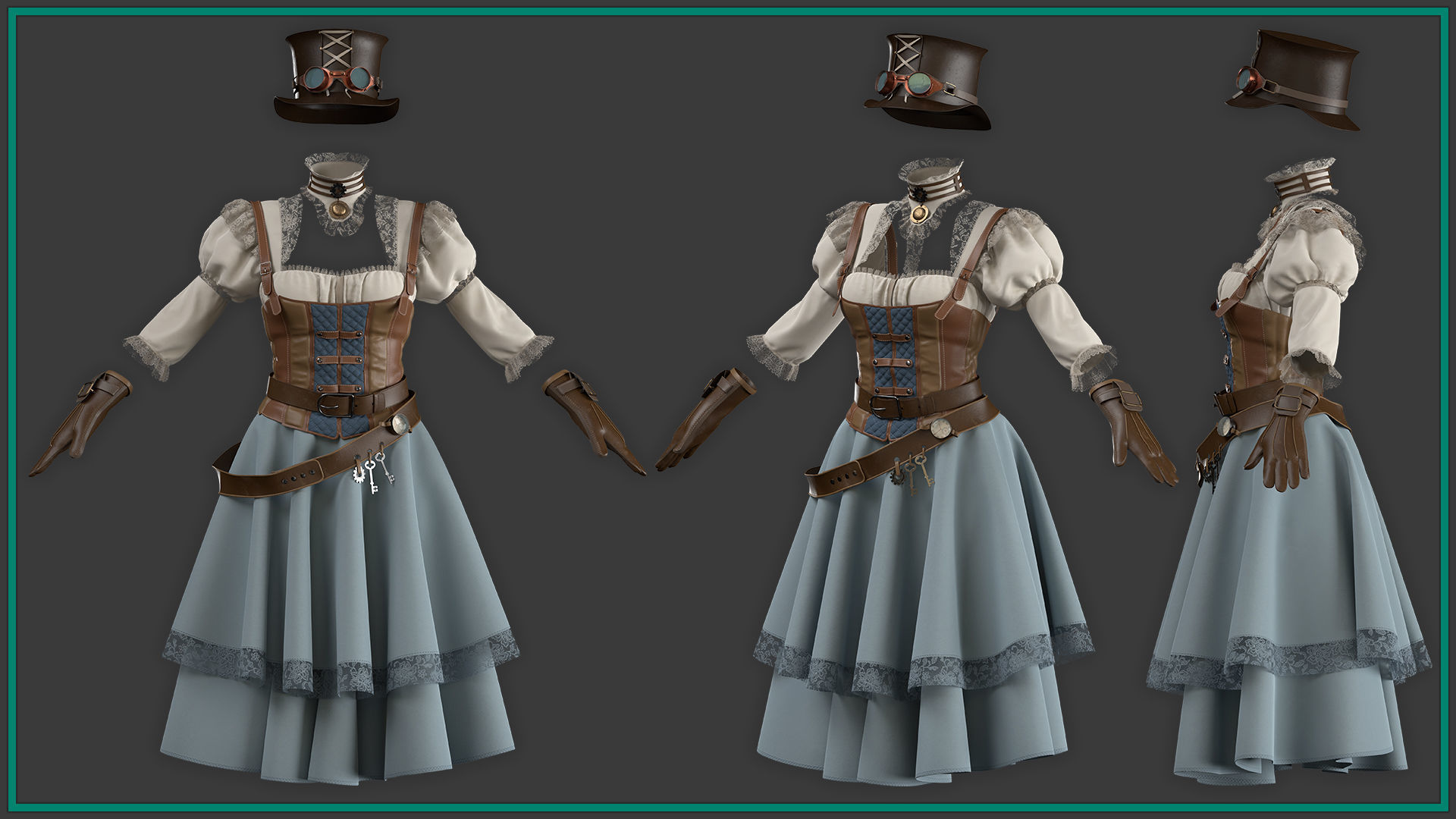 female steampunk outfit with texture 3D model_1