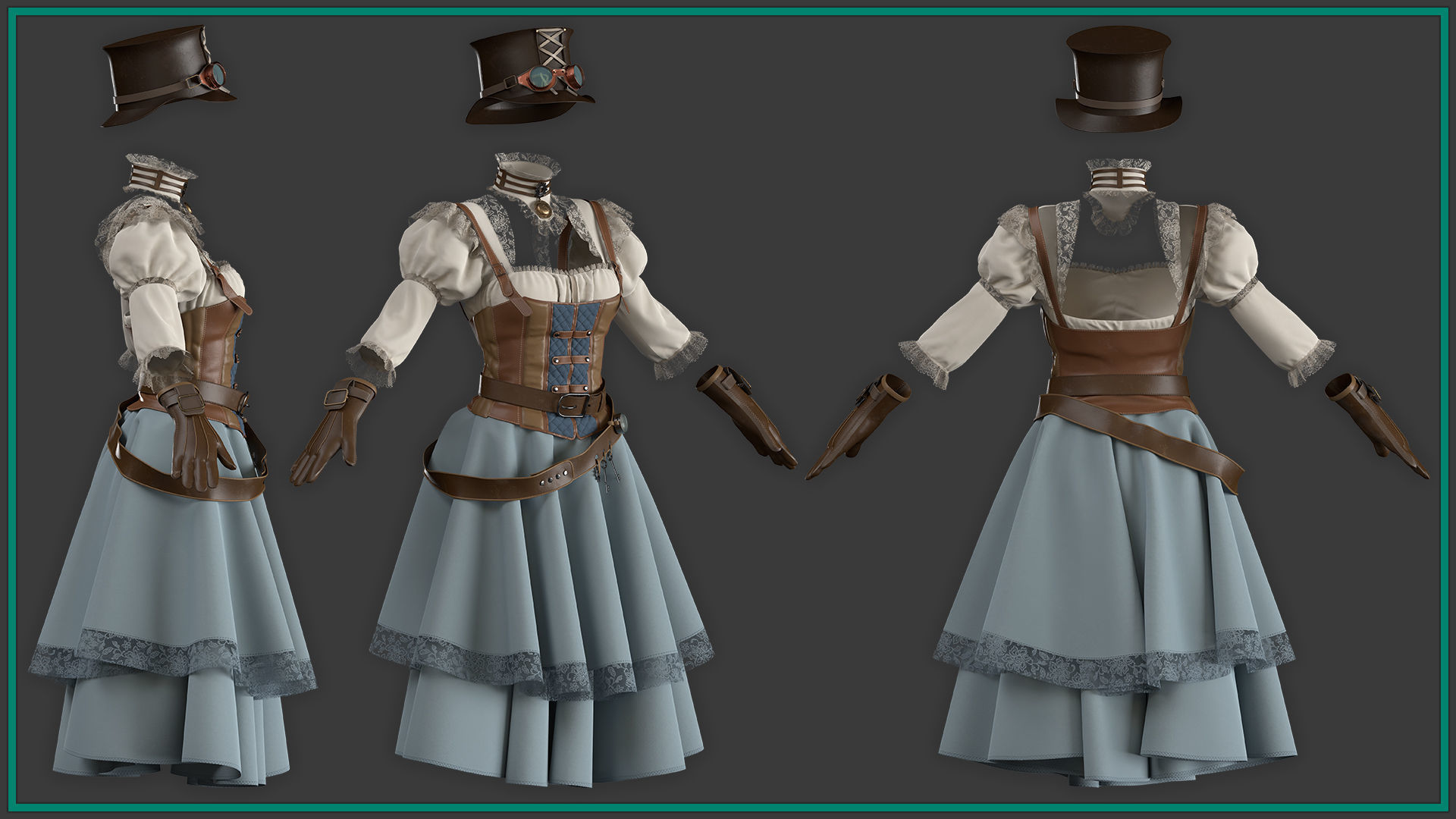 female steampunk outfit with texture 3D model_2