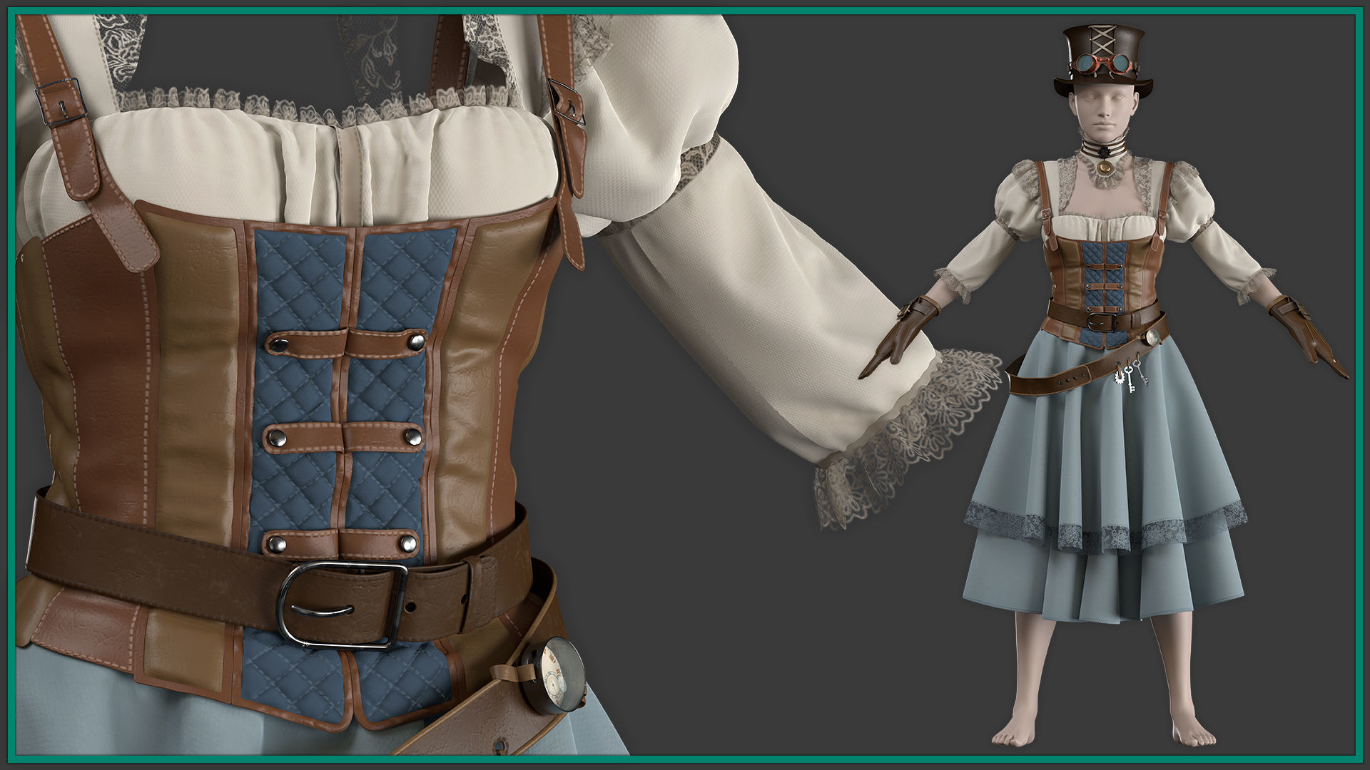 female steampunk outfit with texture 3D model_4