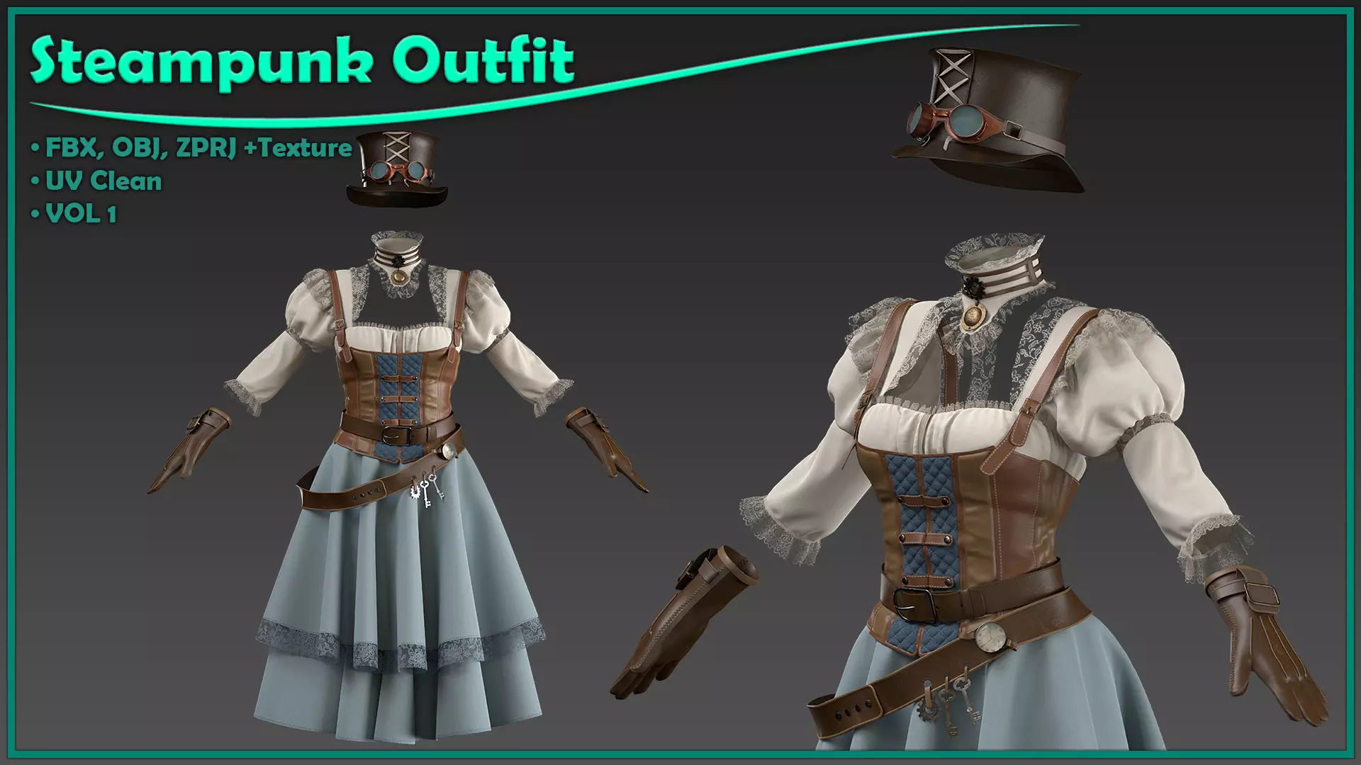 female steampunk outfit with texture 3D model_0