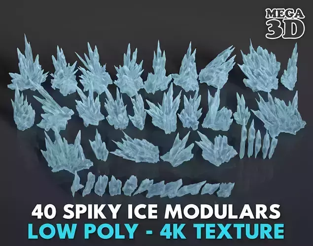 40 Low poly Spiky Ice Cave Modulars - 241002 Low-poly 3D model