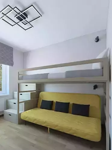 A cozy childs room with a yellow sofa bed