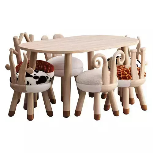 Wood chairs table farm animals