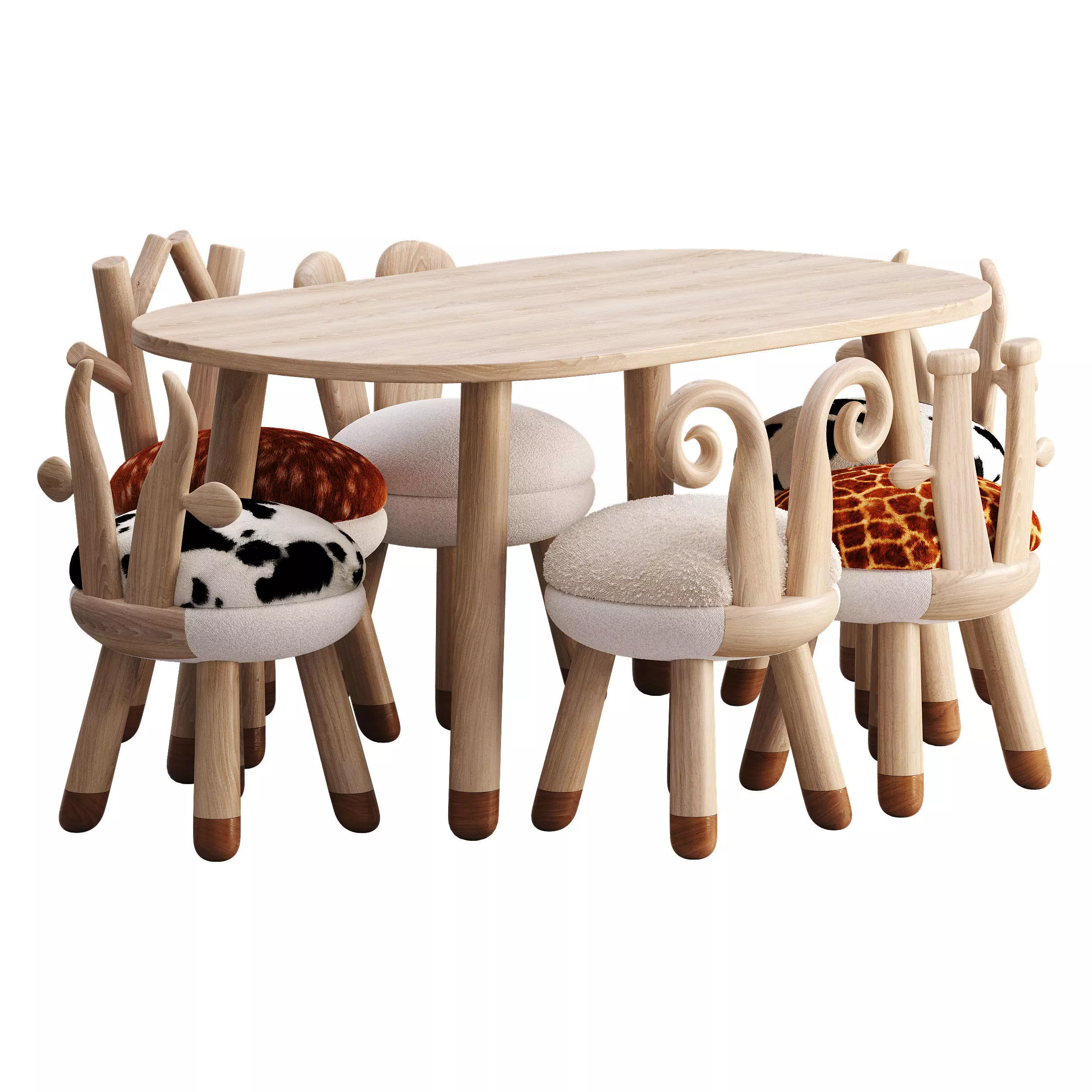 Wood chairs table farm animals Low-poly 3D model