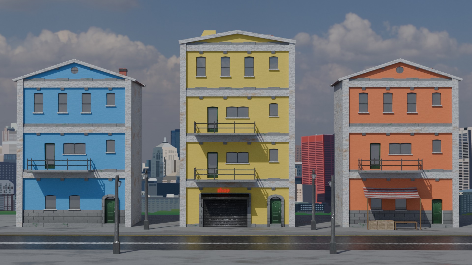 Old City Buildings Low Poly Low-poly 3D model_1