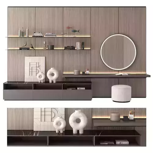 Set modern wall unit with mirror and bookshelf