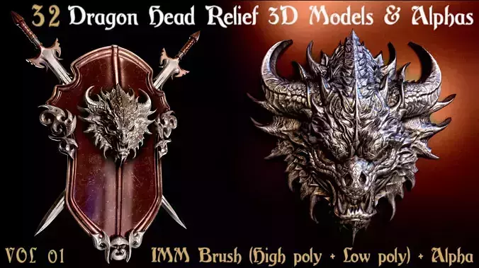32 Dragon Head Relief 3D Models and Alphas - Vol1 Low-poly 3D model
