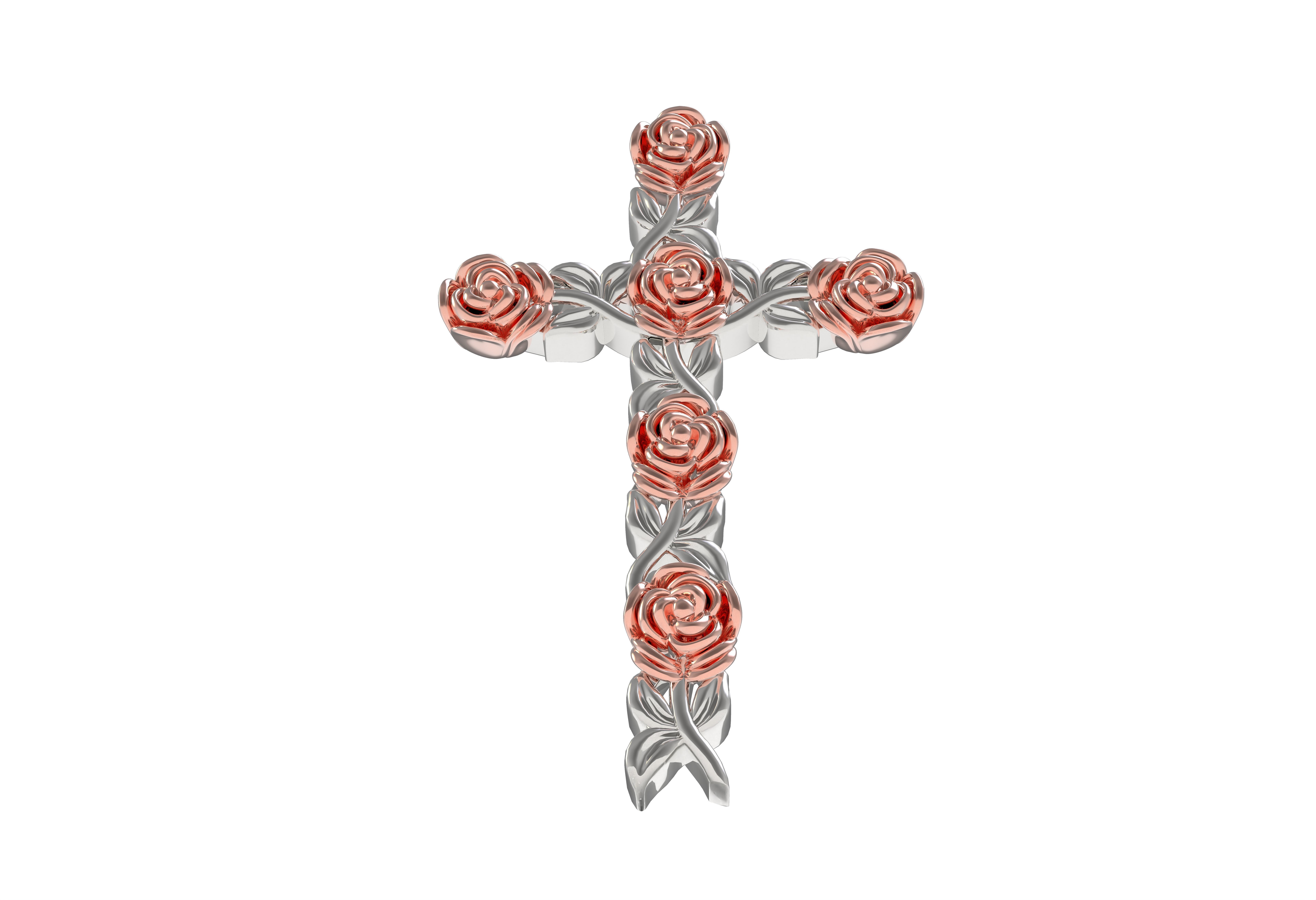 Rose Flower Branch Cross Pendant 3D print model_9