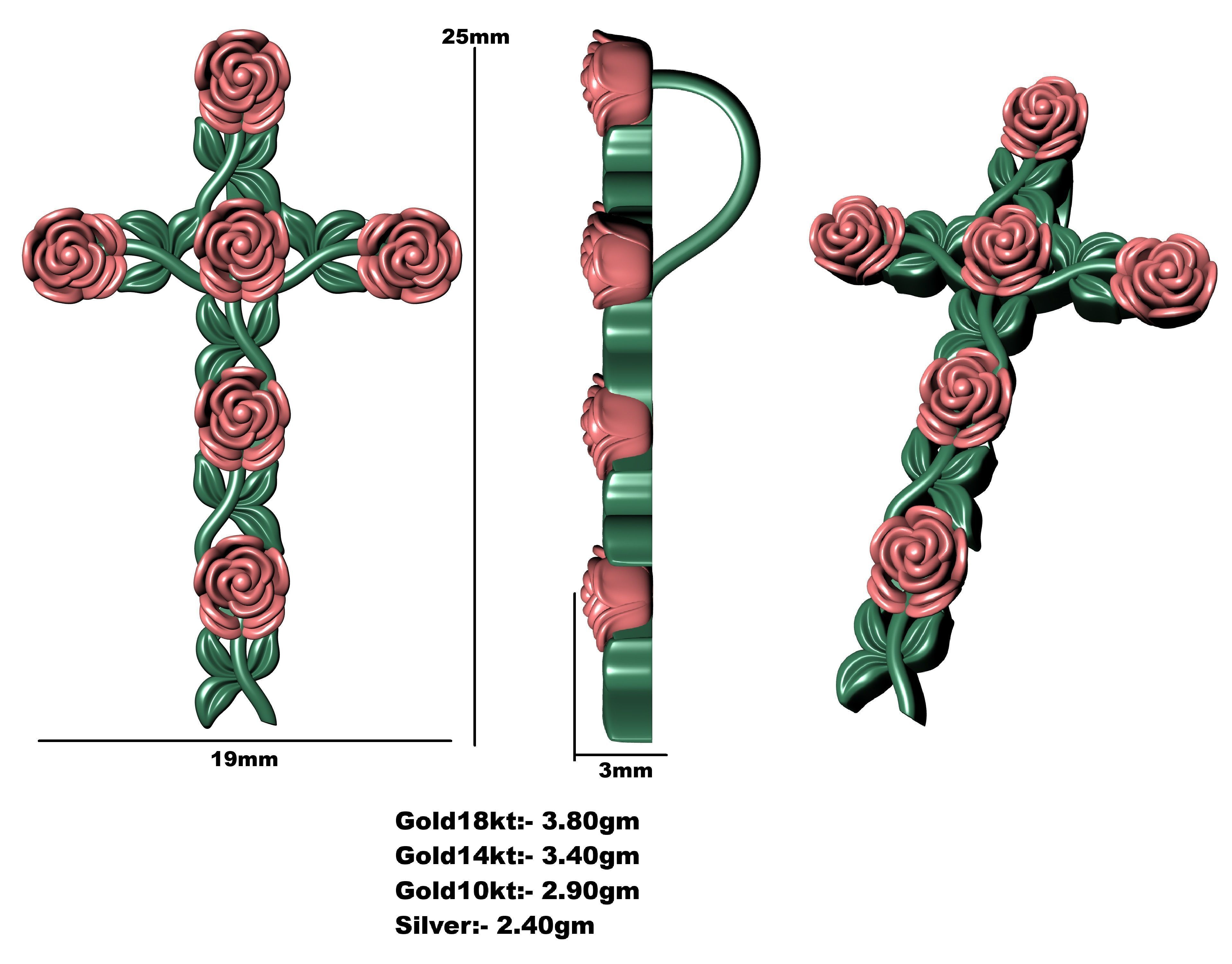 Rose Flower Branch Cross Pendant 3D print model_4