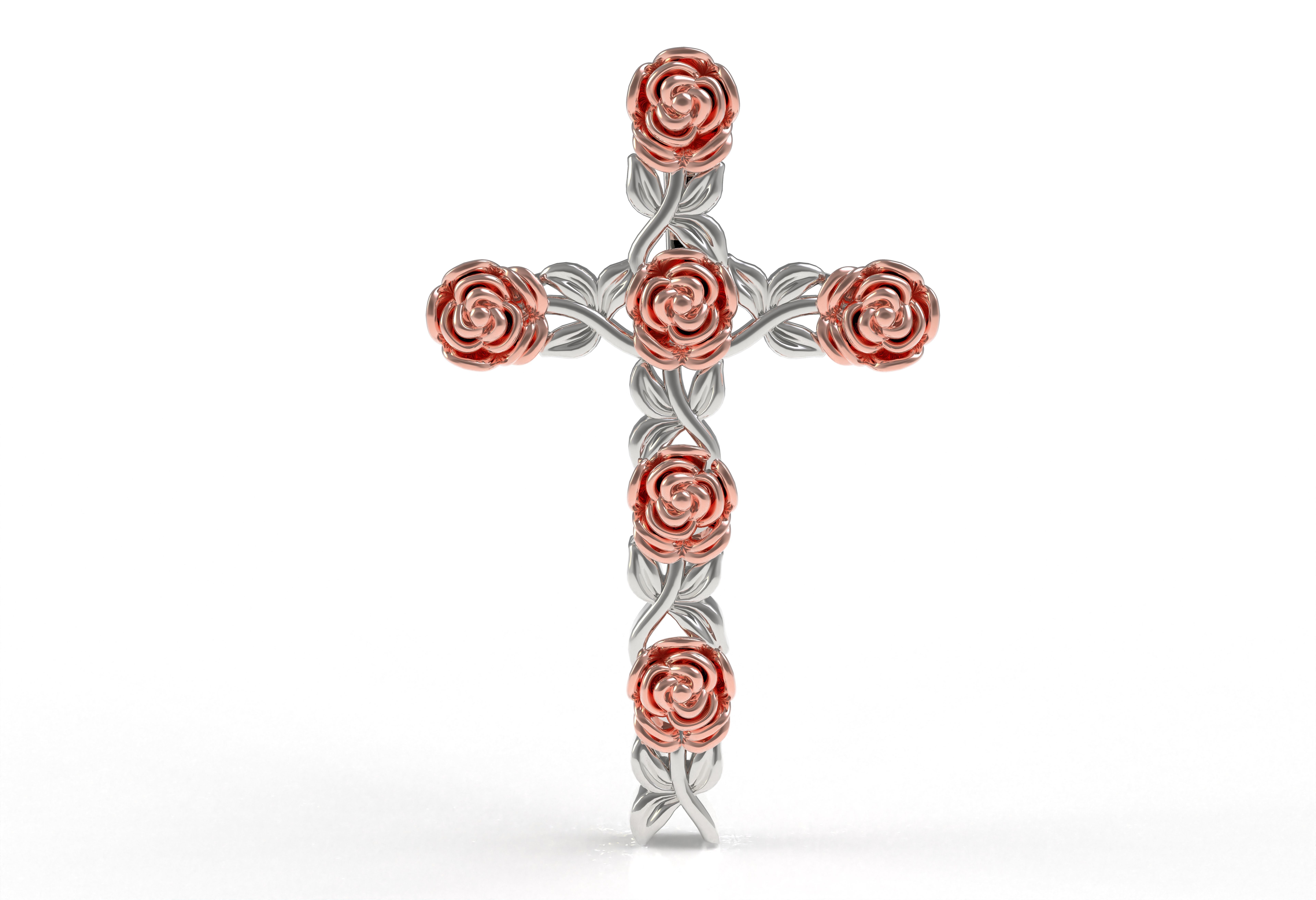 Rose Flower Branch Cross Pendant 3D print model_8