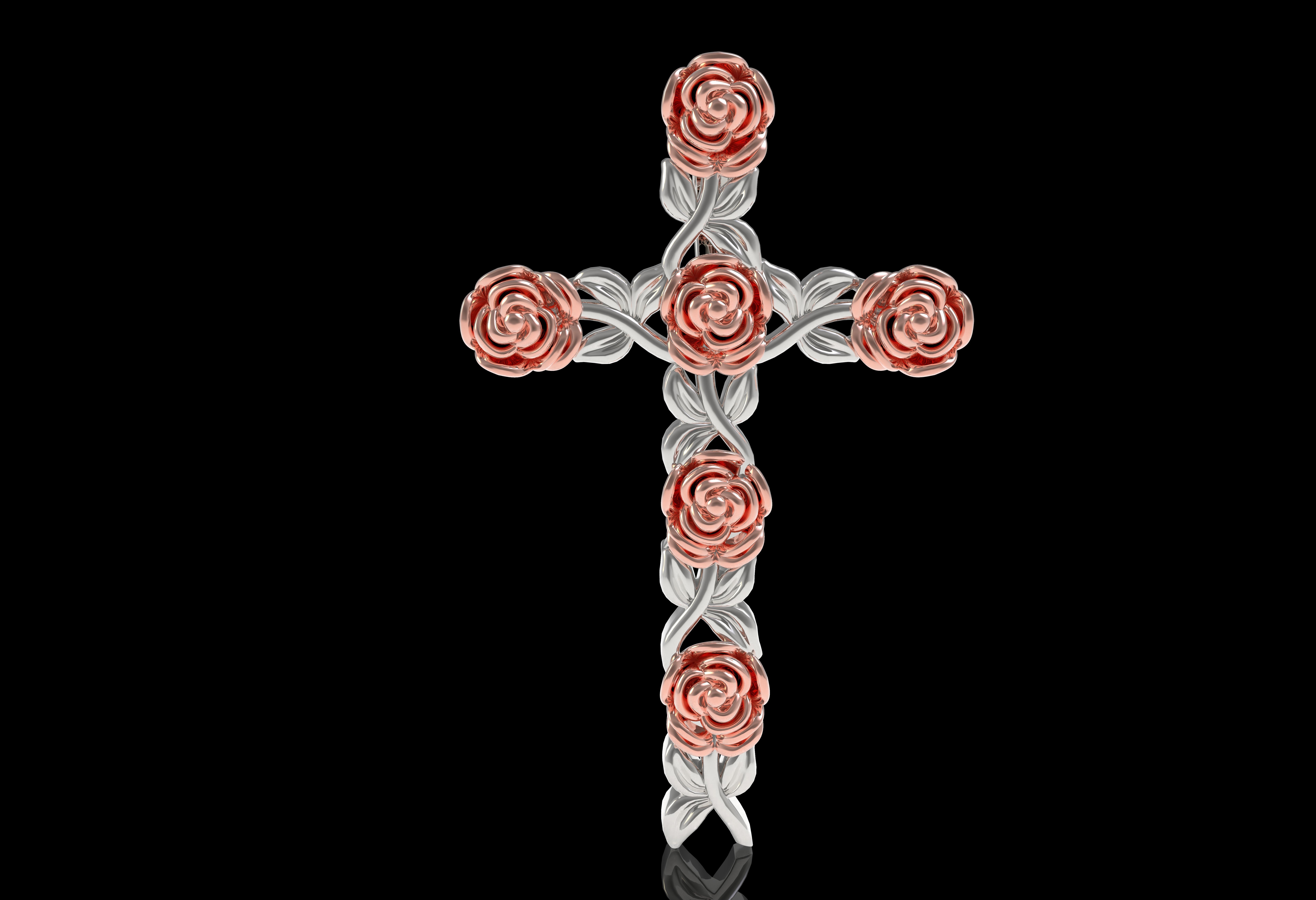Rose Flower Branch Cross Pendant 3D print model_25