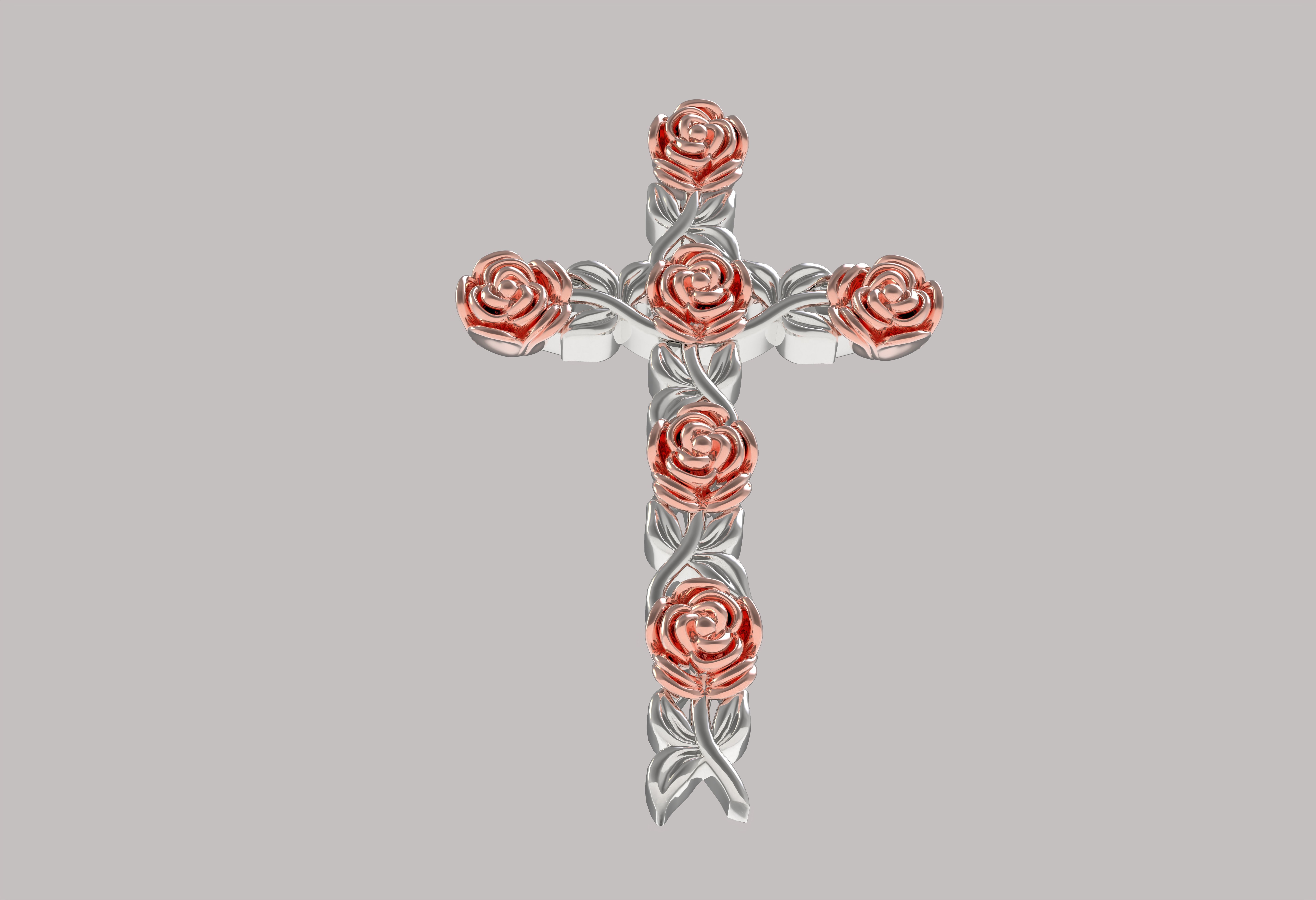Rose Flower Branch Cross Pendant 3D print model_14