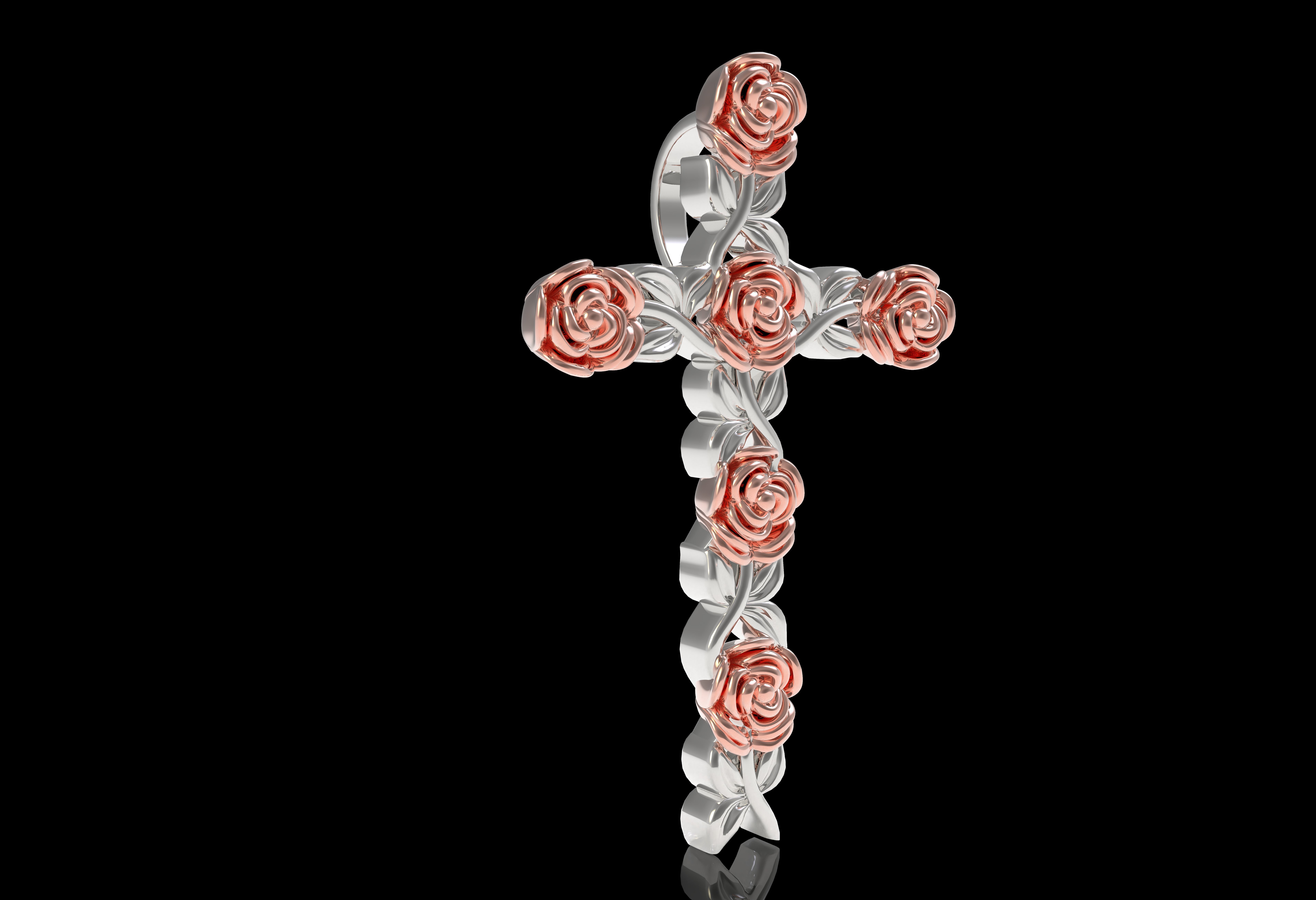Rose Flower Branch Cross Pendant 3D print model_28